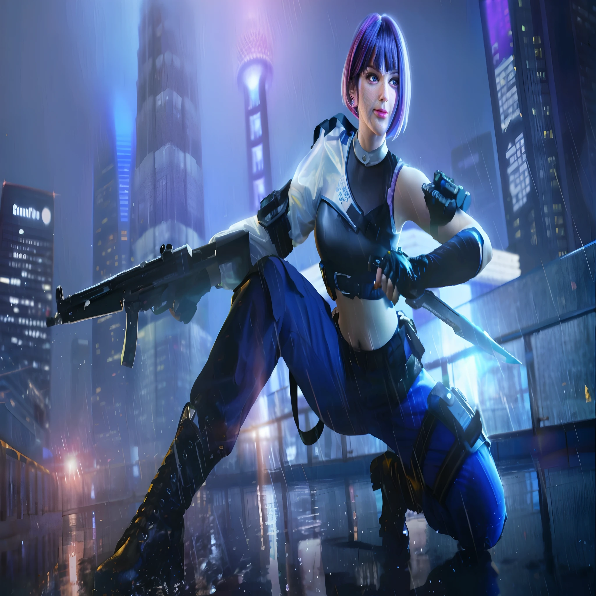 Cyber girl with gun in city at night, Badass anime 8 K, inspired by Leng Mei, Best anime 4k konachan wallpaper, hero pose colorful city lighting, female cyberpunk anime girl, cyberpunk anime girl, Digital cyberpunk anime art, Cyberpunk 2 0 y. o model girl, violet battlefield theme, style of anime4 K, anime cyberpunk art