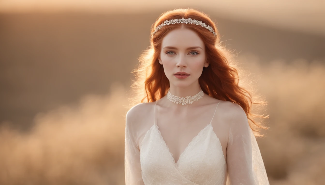 redheadwear，Waist length hair fluttering，gold choker，Blonde headband，Roman desert style，White moonlight long dress，Barefoot，Flowers in hand，and the sun was shining brightly，Ultra-high-definition realism，Wallpapers，