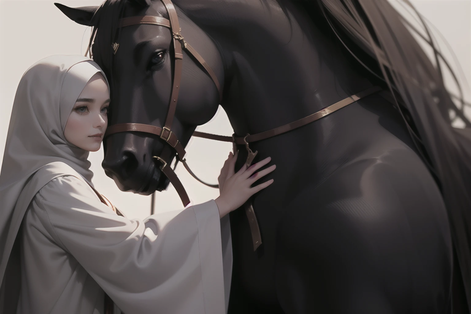 Poster Artwork, hijab woman, smile, dramatic, holding a book, ride a stallion horse, white background, 16k, detail, long clothes, long robes, cinematic lighting, masterpiece, 16k, 3d rendering, sharp face, detailed face,