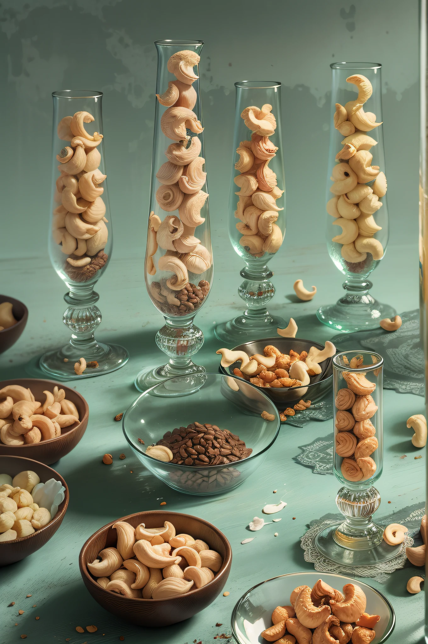 Cashews are placed in glass dishes,tmasterpiece,Advertising photography effects, Real details, 8K