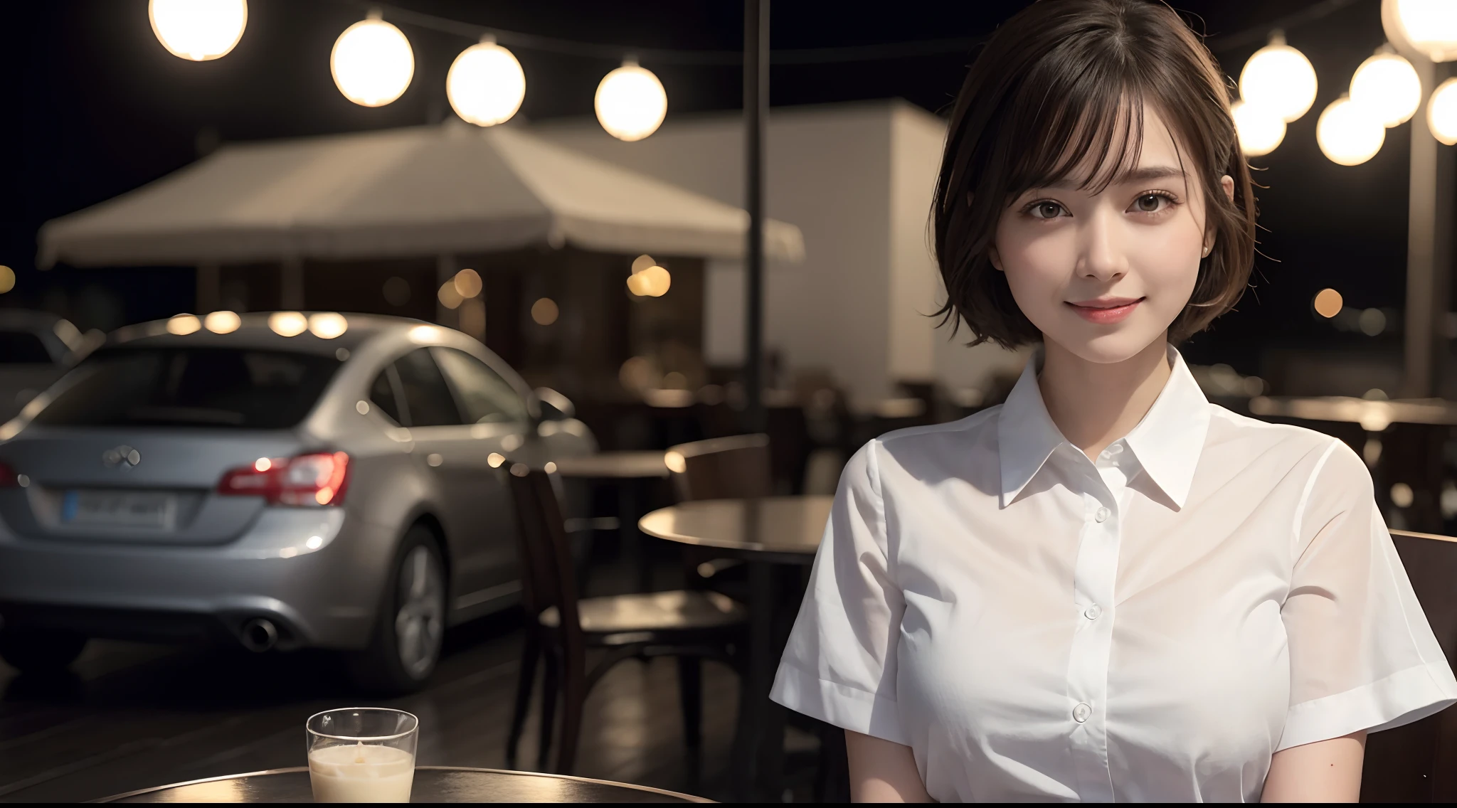 (8k, best quality, masterpiece:1.2), (realistic, photo-realistic:1.37), ultra-detailed, 1 girl, cute, solo, beautiful detailed sky, detailed cafe, night, sitting, dating, (nose blush), (smile:1.15), (closed mouth) small breasts, beautiful detailed eyes, (collared shirt:1.1), night, wet, business attire, rain, white lace, (short hair:1.2), floating hair NovaFrogStyle, topless,