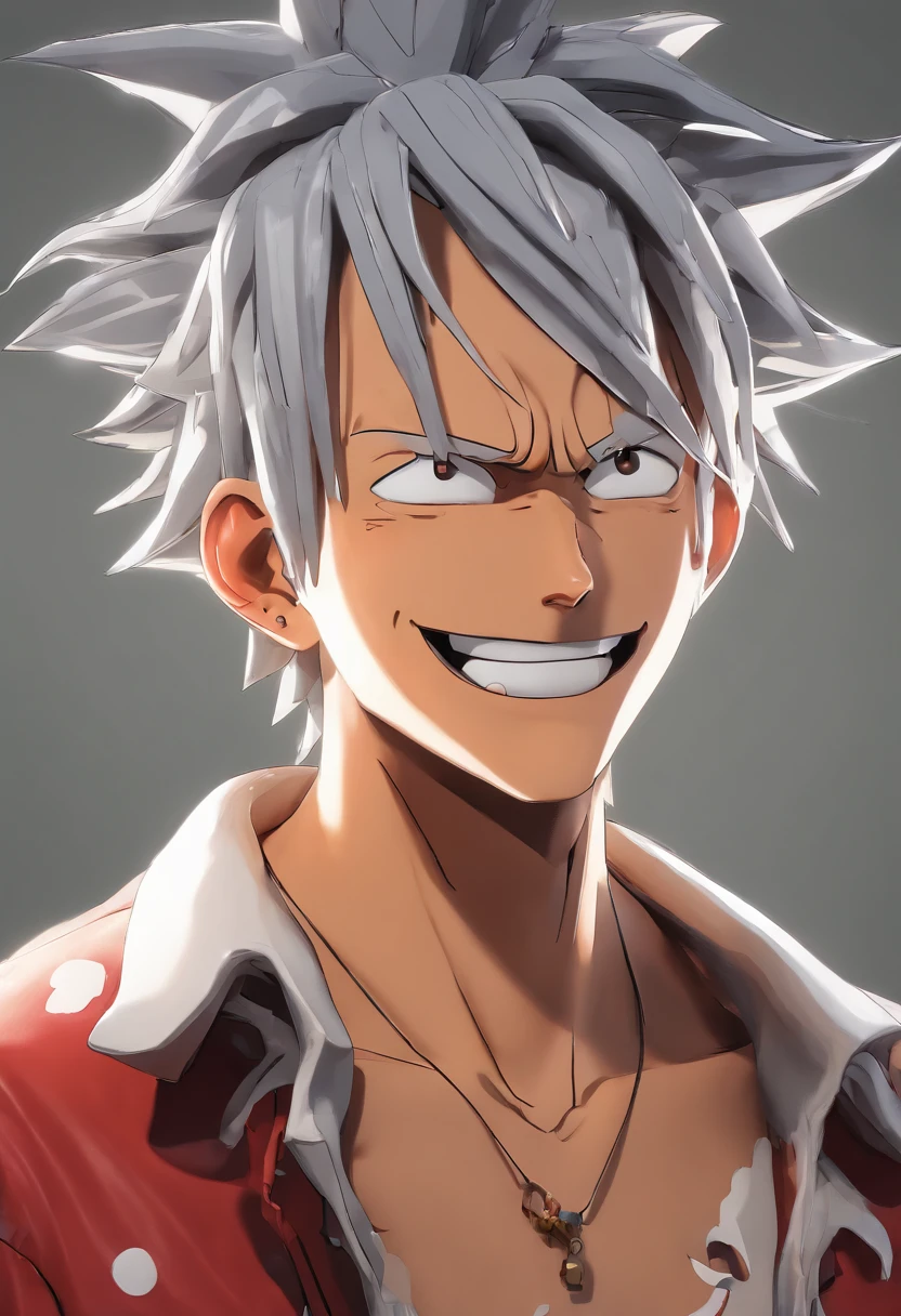 masterpiece, best quality, highres, gear fifth, white hair, wide smile, grin, joyboy, Nika, short hair, messy hair, Mokey D luffy, luffy (one piece), scar, lightning