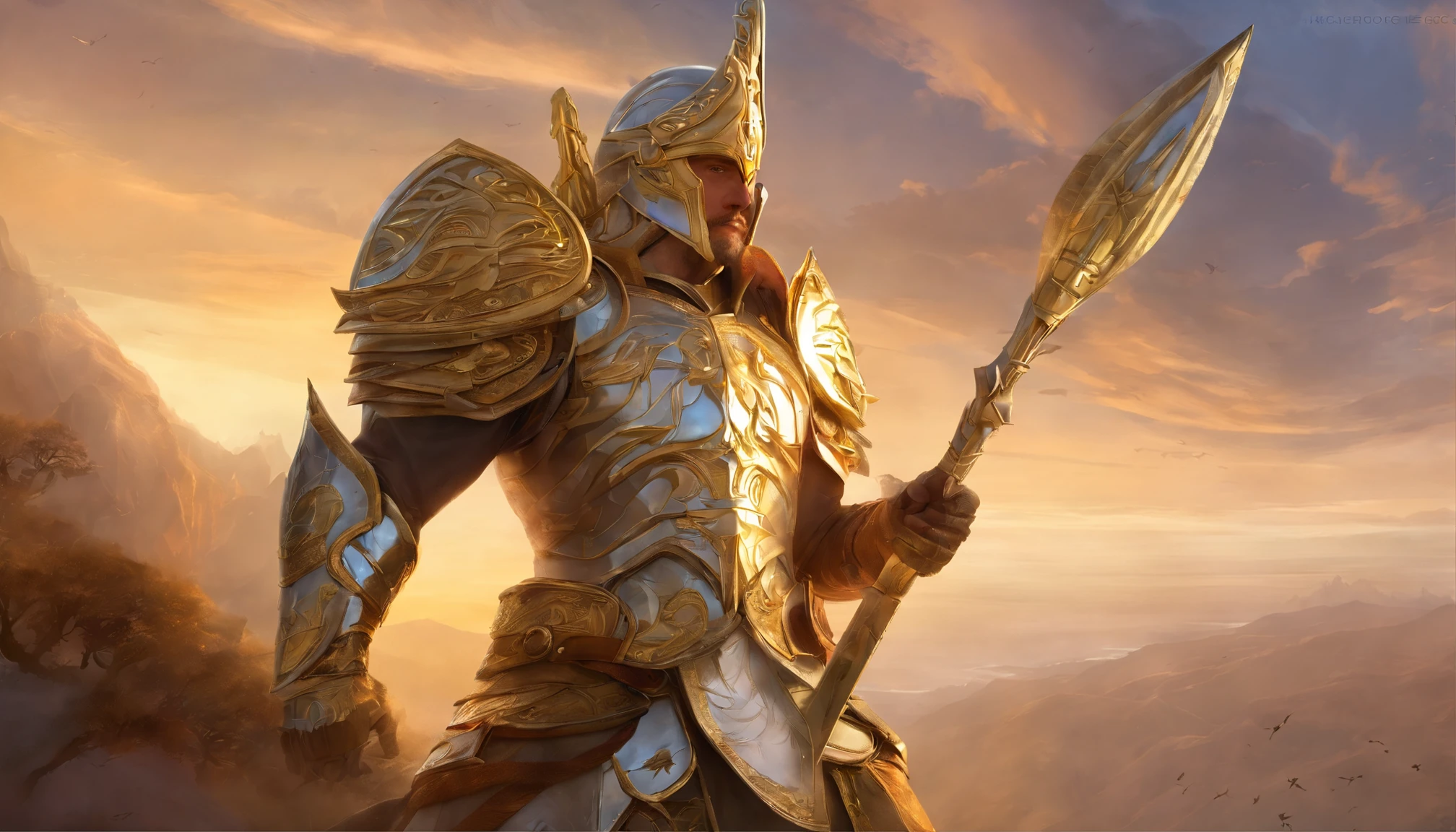 A photorealistic depiction of a (male) formidable warrior adorned in a gleaming suit of white and gold metal armor that exudes strength and opulence. The armor is immaculately polished, with a glossy finish that reflects the surroundings in remarkable detail. Every crease and contour of the armor is visible, showcasing the craftsmanship that went into its creation. The warrior stands with an air of confidence, ready for battle. The camera lens is a 135mm+, capturing the extraordinary level of detail in stunning 64K UHD resolution. The lighting is expertly controlled to emphasize the reflective qualities of the armor, creating a mesmerizing and lifelike image, (((masterpiece))), (high res), (photo realistic:1.4)