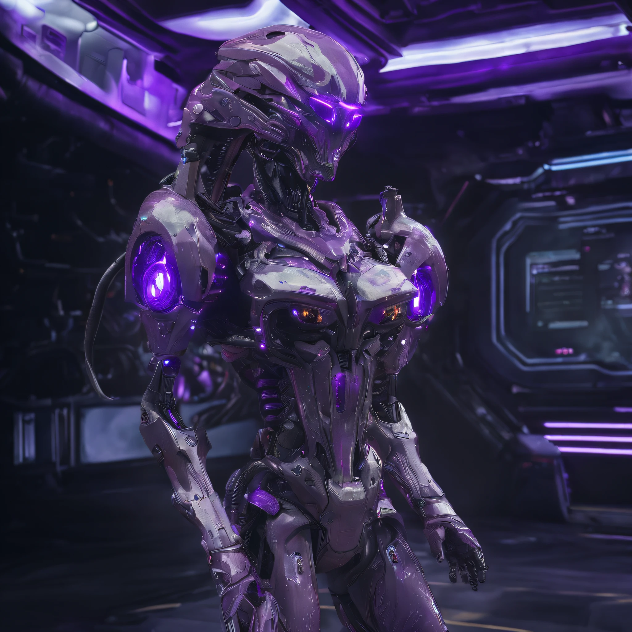 An alien,full bodyesbian,Humanoid,mechs,(Wearing a mech with an inky purple zirconia ceramic surface:1.5),(((Hard surface properties))),(((streamlined line design))),It has refined features in a sci-fi environment,with light glowing, Sparks and lights, best qualtiy,tmasterpiece,Photorealsitic, Highly detailed, iintricate,unreal 5 render,