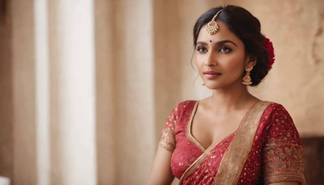 Wedding fashion pattern,Brown skin,Wear a sari with a veil,Happy expression on face, Detal Face, Extremely realistic, 8K, insanely details, intricately details, Cinematic color graded, Sexual sexy, Big breasts and deep breasts, In bed sexy pose, On the bedroom bed