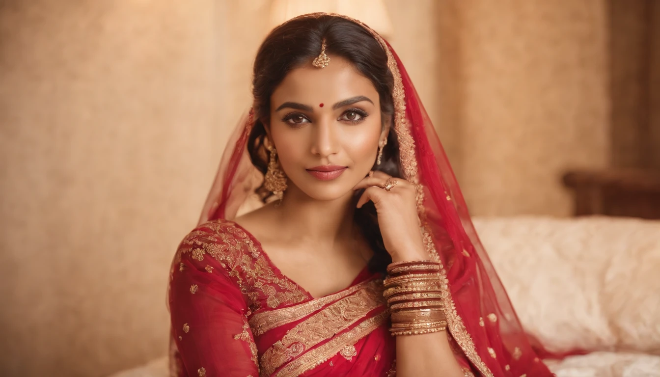 Wedding fashion pattern,Brown skin,Wear a sari with a veil,Happy expression on face, Detal Face, Extremely realistic, 8K, insanely details, intricately details, Cinematic color graded, Sexual sexy, Big breasts and deep breasts, In bed sexy pose, On the bedroom bed