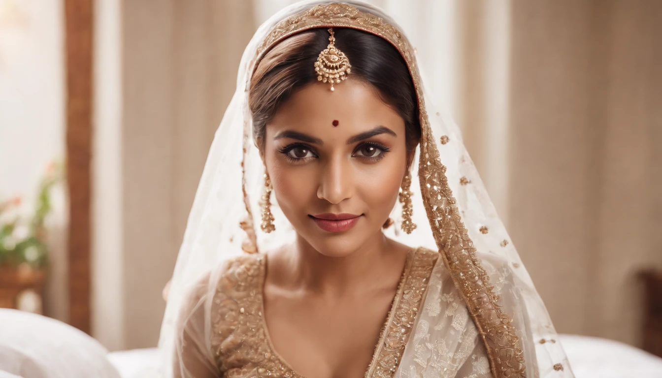Wedding fashion pattern,Brown skin,Wear a sari with a veil,Happy expression on face, Detal Face, Extremely realistic, 8K, insanely details, intricately details, Cinematic color graded, Sexual sexy, Big breasts and deep breasts, In bed sexy pose, On the bedroom bed