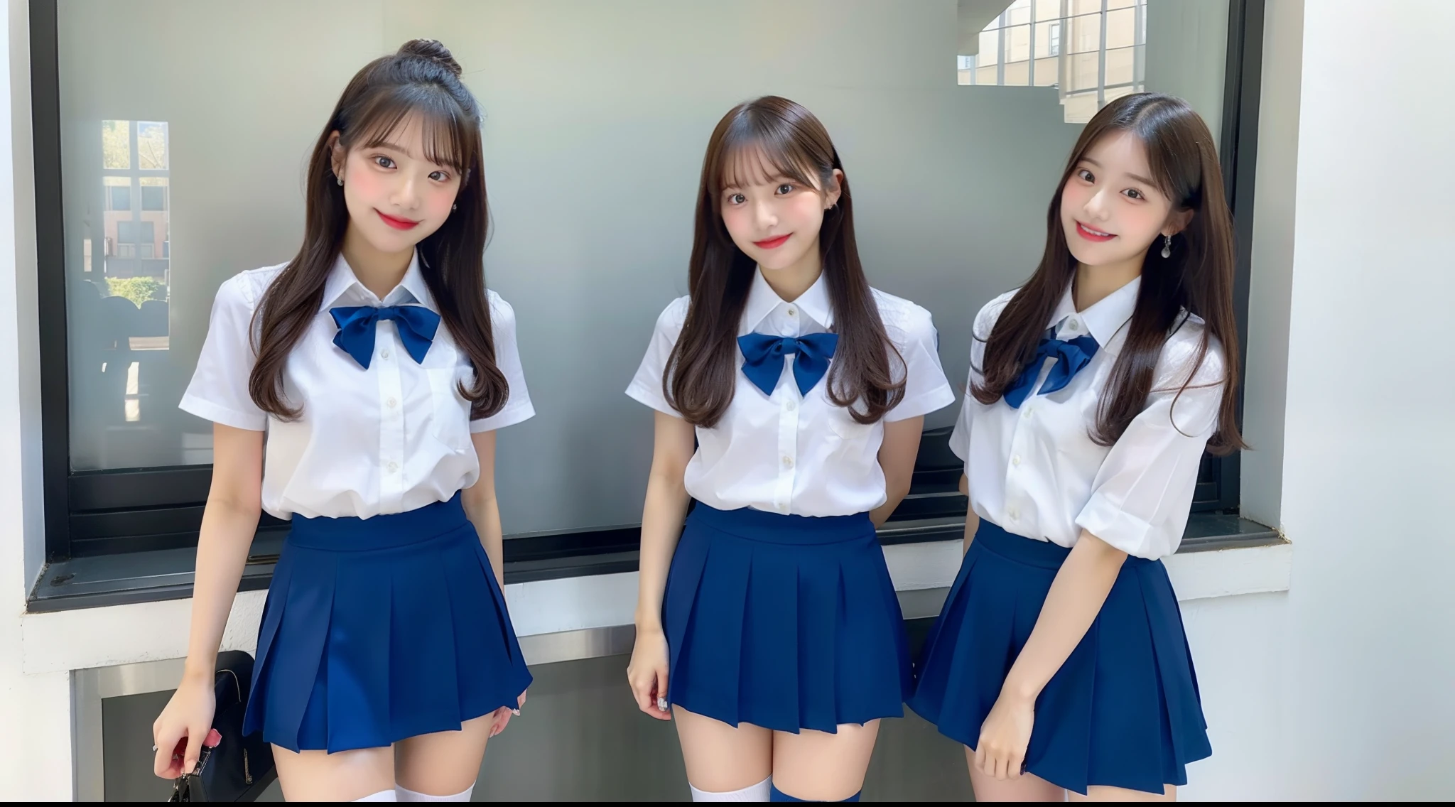High school girl in light blue mini skirt in white shirt