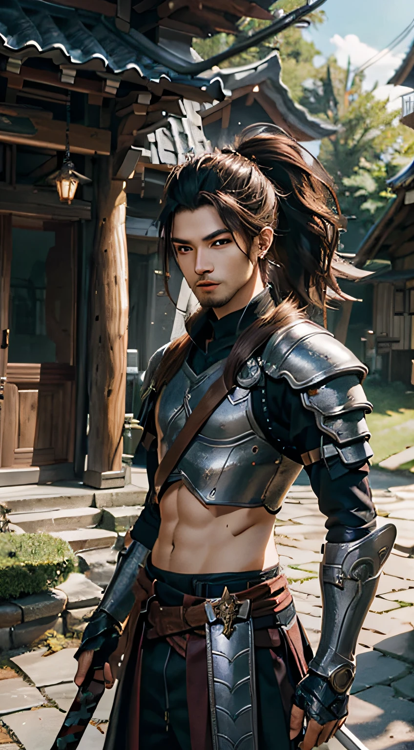 Yaso、League of Legends、yasuo_(lize_In the_legends)、1 juvenile、arma、Male Focus、The sword、facial hairs、独奏、a beard、scabbard、poneyTail、brown haired、ngel、length hair、arma、s Armor、Brown-eyed、outside of house、holds a sword、Knives、musculature、The tree、looking at the spectator、lifelike rendering、masterpiece, top-quality, hightquality, hight resolution,
