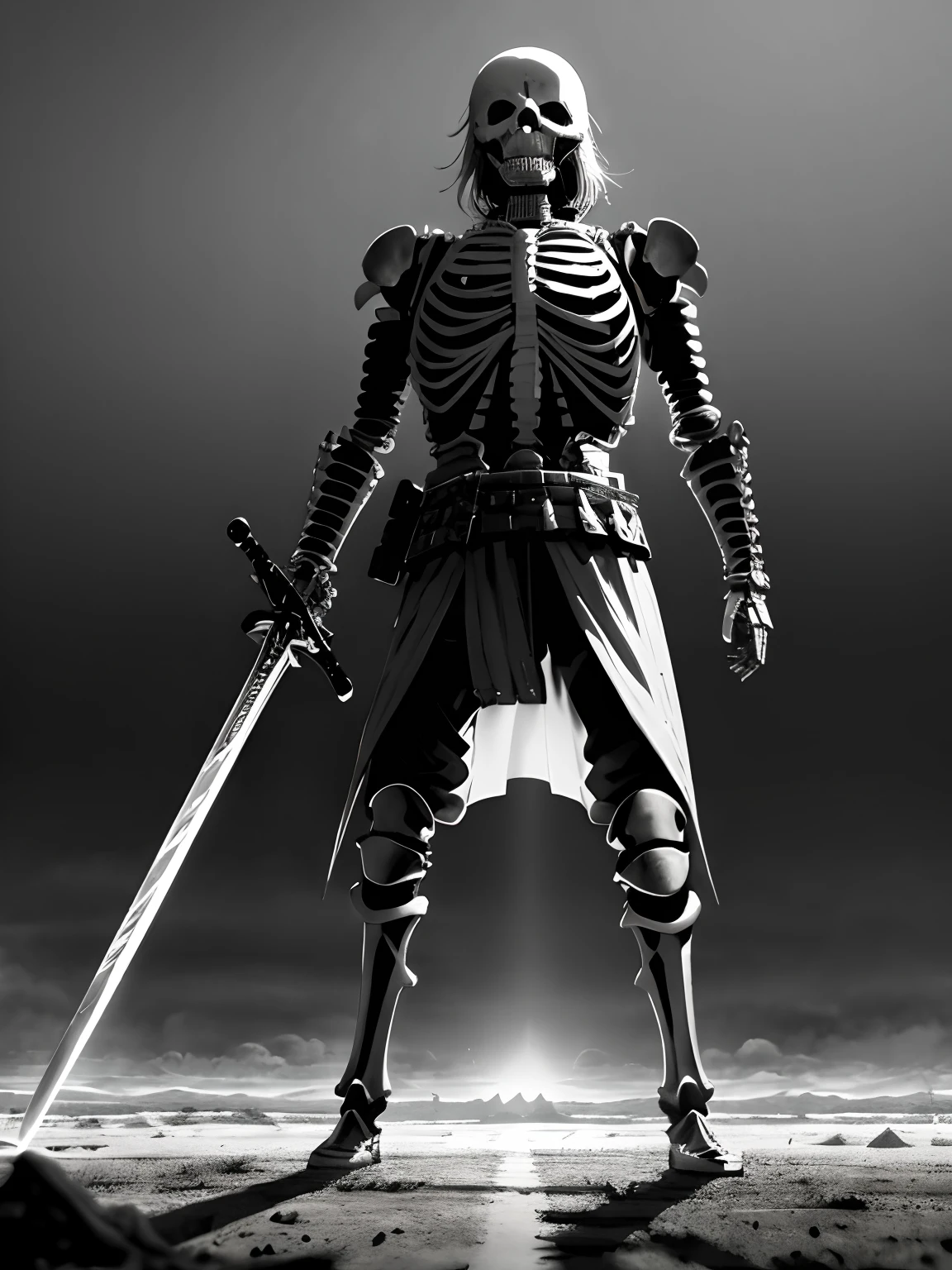 Skeleton warrior standing on a massive battlefield in apocalyptic world. Huge sword pointed