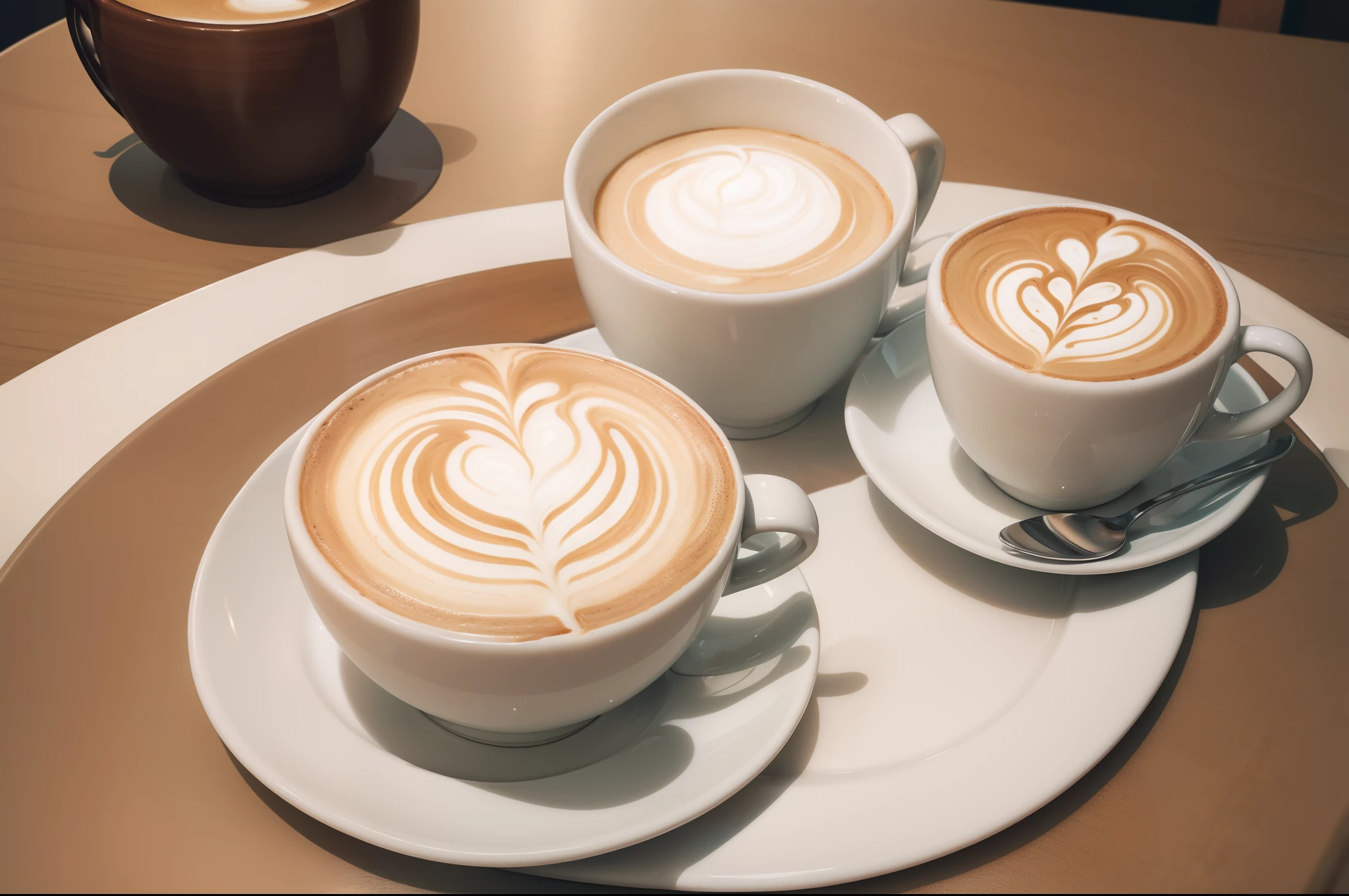 Close up of Latte on a table, luxurious breakfast, Highly detailed, food photography, high angle shot, photorealistic.