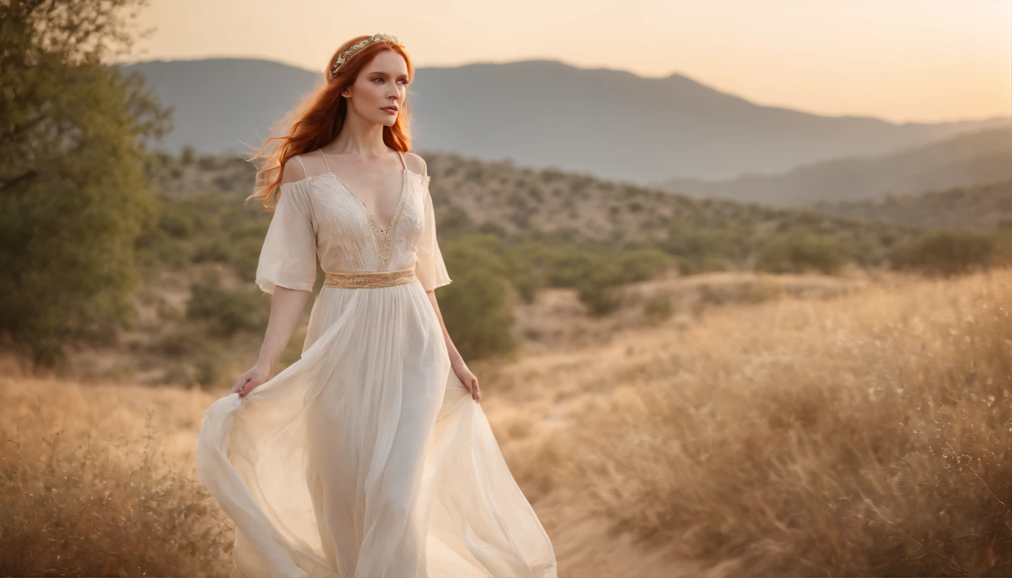 redheadwear，Waist length hair fluttering，gold choker，Blonde headband，Roman desert style，White moonlight long dress，Barefoot，Flowers in hand，and the sun was shining brightly，Ultra-high-definition realism，Wallpapers，