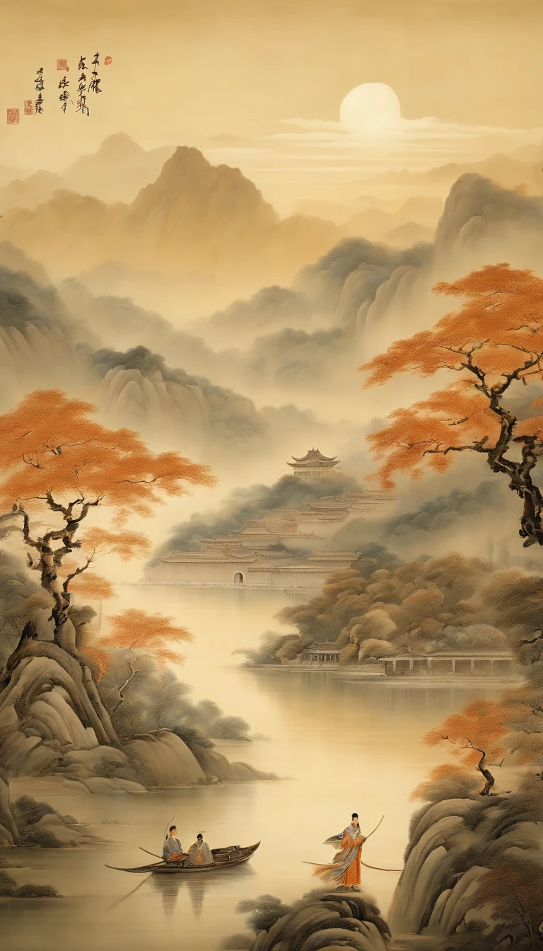 An idyllic Chinese mural, Light orange and light gray style, Layered landscape, Classical Chinese art, monumental murals, Ricoh FF-9D, Golden Age aesthetics, Landscapes of ancient China