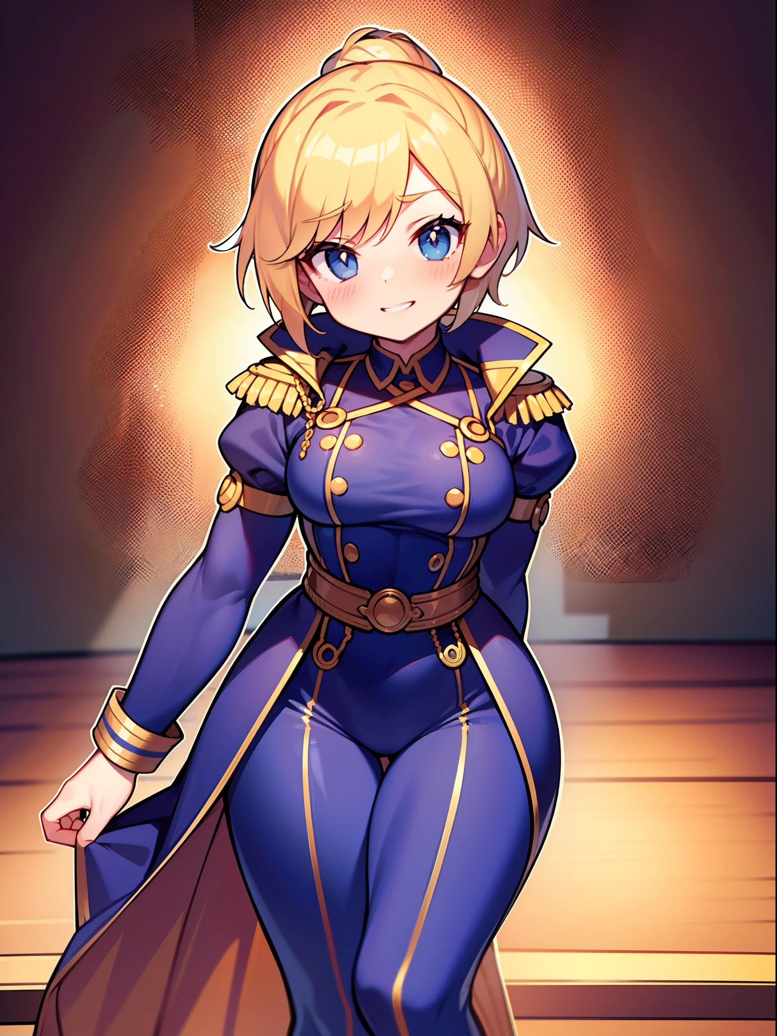 1 girl, alone, arms, sword, Brown eyes, Looking at the audience, lips, Please put your hands on your hips, sheath, smile, knife, Upper Body, Mouth closed, sheathに包まれた, Blonde short hair raise your hand、Wearing a black high-leg leotard、Cowboy Shot、Wear black knee-high socks、Armored,Blue Cape、beret