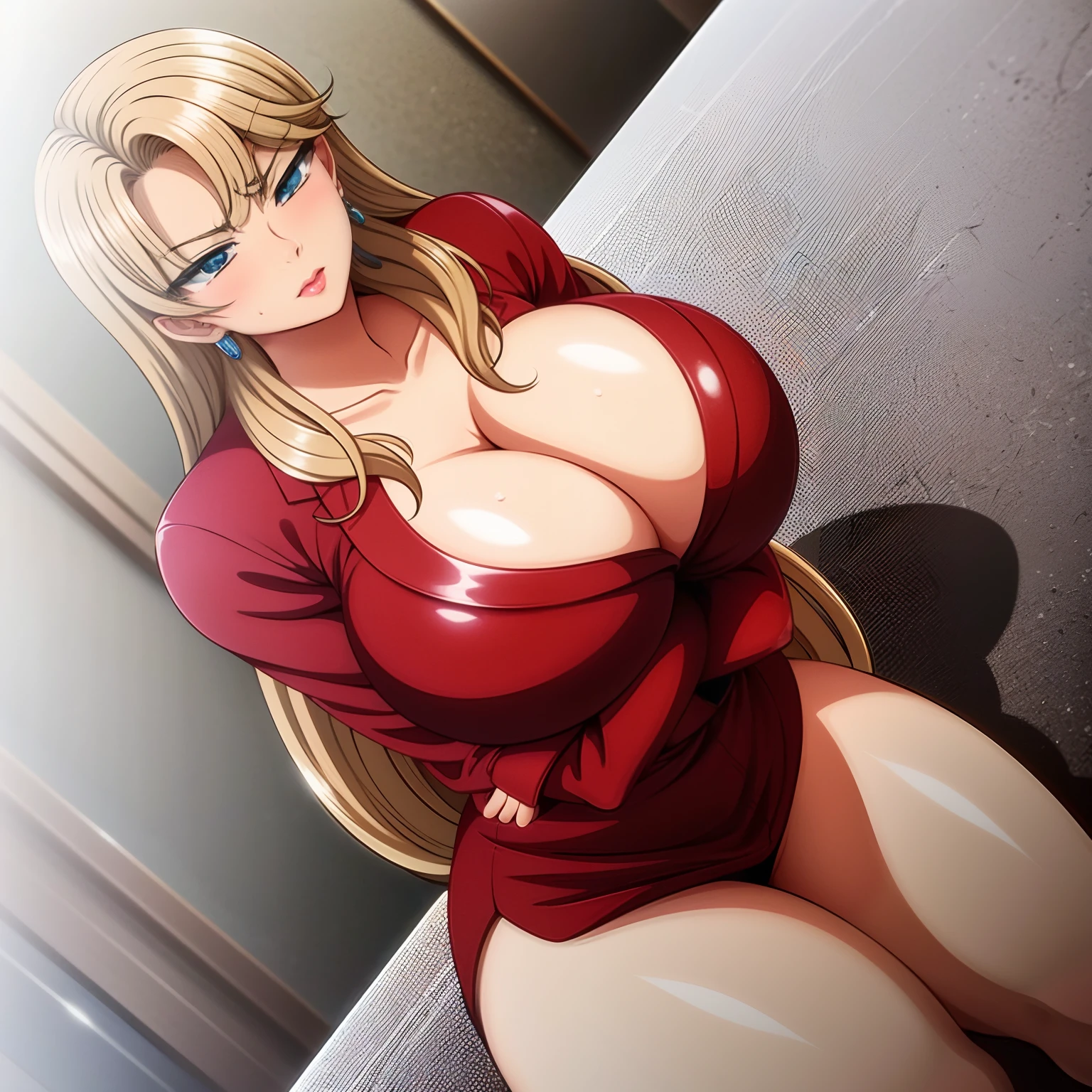 ((solo, 1 female)), mature female, masterpiece, best quality, (huge breast), long hair, yellow hair, blue eyes, blush, full body, indoors,  red jacket, serious face, angri face:0.8, sitting on bed