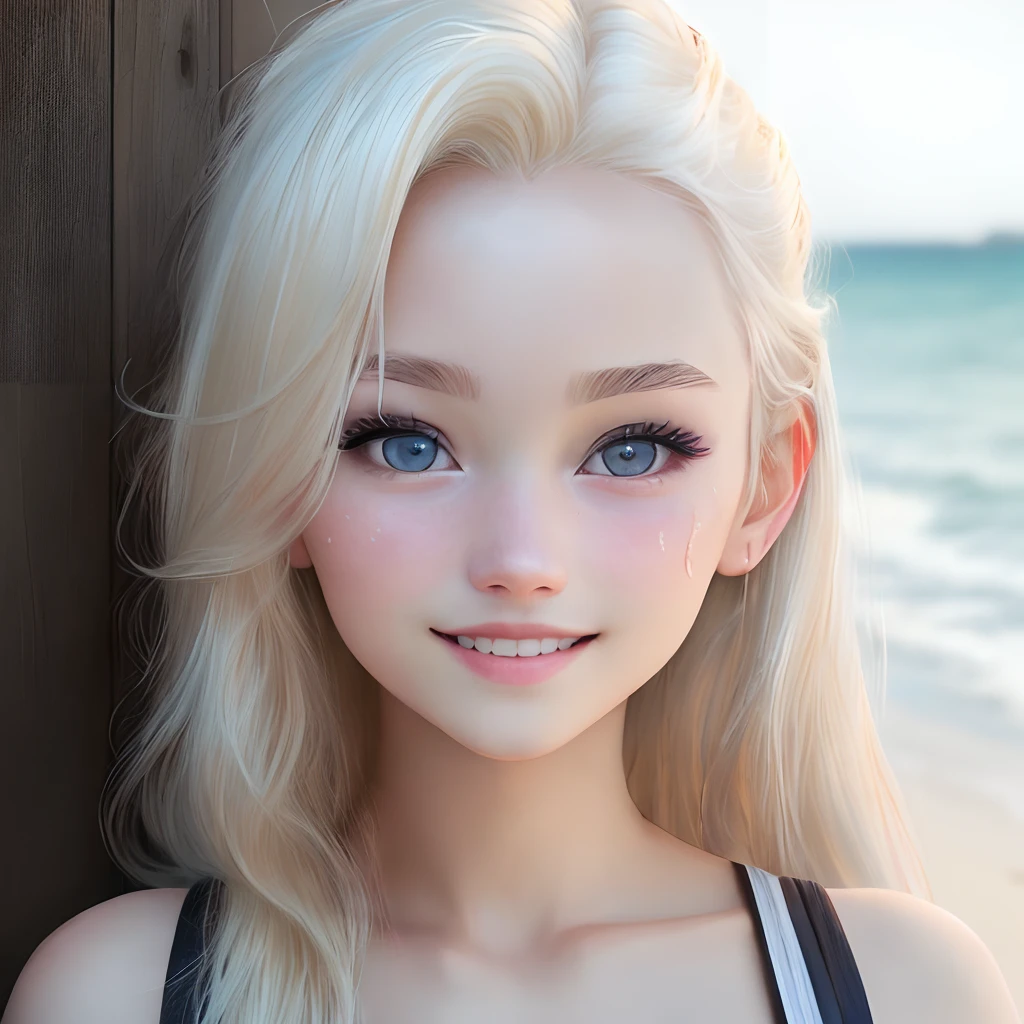 Light smile、natta、Raw photography、(((Portrait of extreme beauty)))、((glistning skin))、女の子1人、 beautiful girl on the beach、((Natural Bright Platinum Blonde Hair))、[blue eyess]、Glossy glossy skin、Silky long straight hair、eye liner、Long bangs、Hair between the eyes、Fluttering hair、((​masterpiece、top-quality、ultra-detailliert、Film Light、intricate-detail、hight resolution、8K、ighly detailed))、细致背景、8K UHD、Digital SLR、Soft light、hightquality、Film grain、FUJI XT3 、natural soft light、bikini,full body,