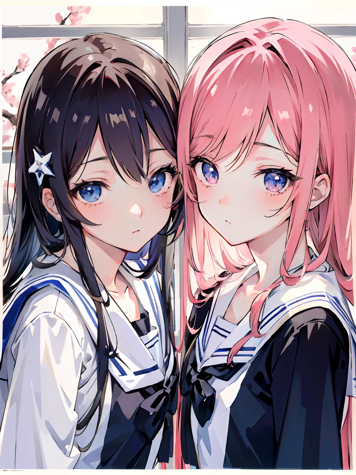 (masuter piece,Best Quality,Ultra-detailed), (A detailed face), Movie Posters, hight resolution, 2girls, ((Detailed shoujo manga style:1.4)), Beautiful fece, absurderes, student clothes, ((lilie, eyecontact)), School window sunset lighting, The upper part of the body, flat-chest, (Beautiful Detail Eye: 1.1), (Detailed hand), (Detail light: 1.1), Film Light, Pale skin type, beautiful color scheme