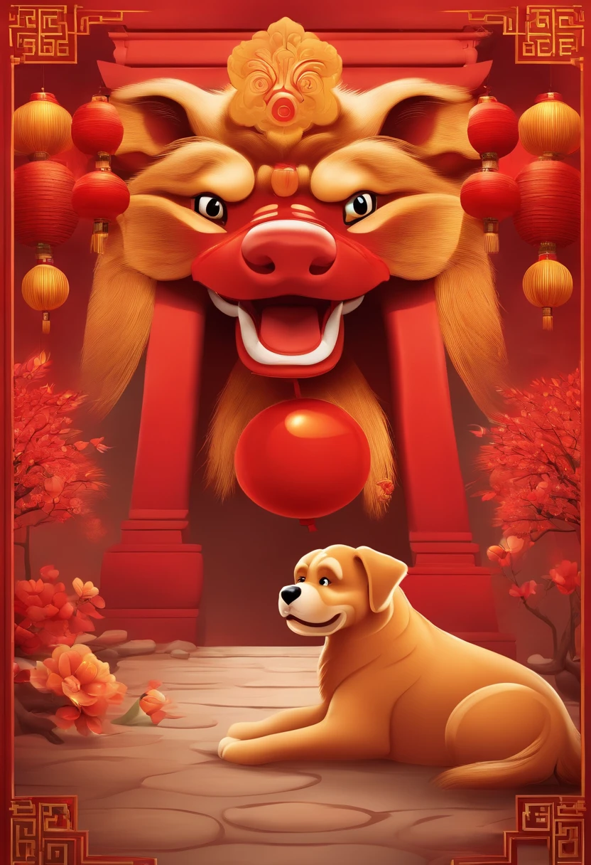 Chinese New Year,The Year of the Dog,Big red,cartoony,Commercial posters,There are decorations around,delight