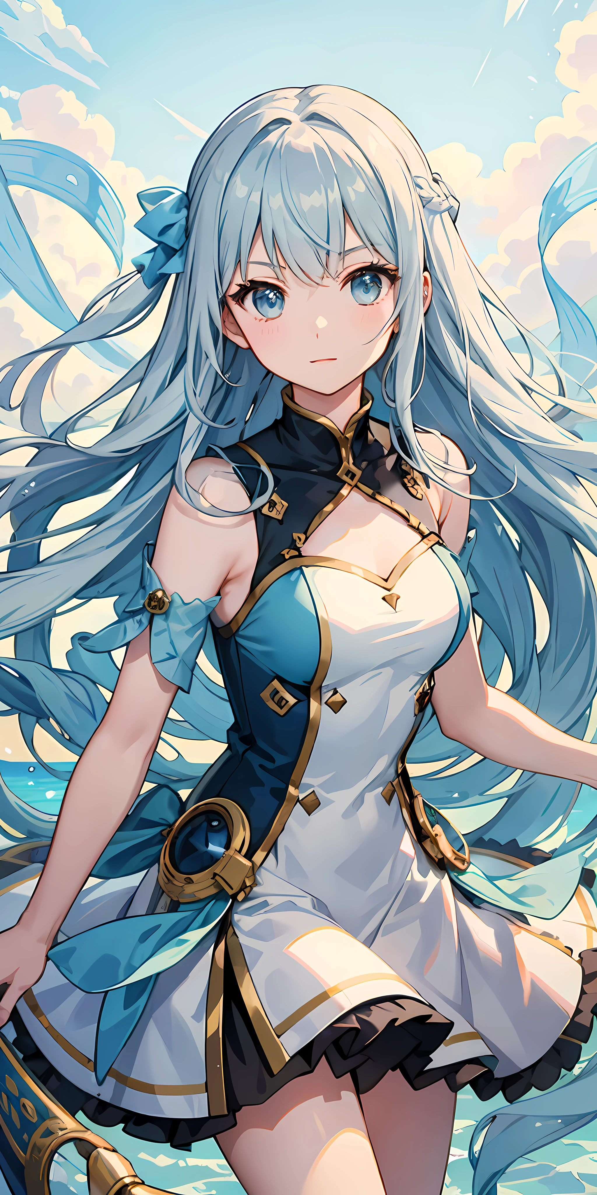 one girls、Light blue long hair、Sheer sunlight、Facing the front、Fantastical、