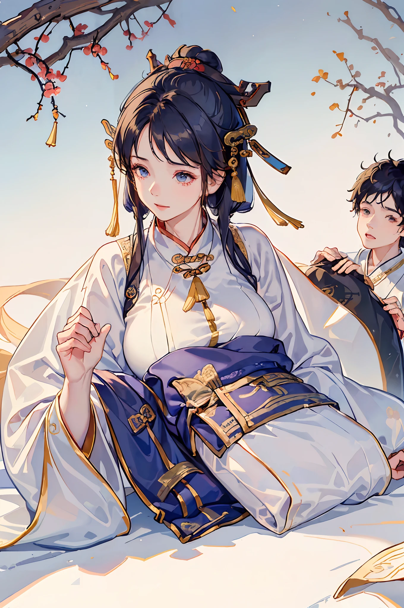 Best picture quality,8K, ),(Close-up),(Han clothing, Hanfu :1.5),(Mother and son together:1.7) 1girll,Grasp with your hands,hug,(A ten-year-old boy:1.5),(1boys:1.3),{26-year-old lactating woman}, (Huge breasts:1.6), (Areola:1.4),ssmile,In a tea house,east asian architecture