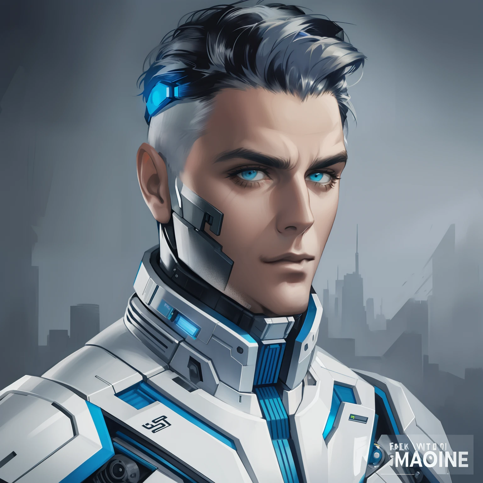 A crazy man in a futuristic suit with white hair., Hairstyles of the future, Cyborg Fashion Model, Cyborg Man, Cyborg Man, Portrait of the robot of the future, Sci-Fi Face Interesting, Sci-Fi characters, Close-up of cyborg, Cyborg Fashion Shoot, A futuristic look, cyborg portrait, head and shoulders photography, The film continues of cool robots., kit Connor