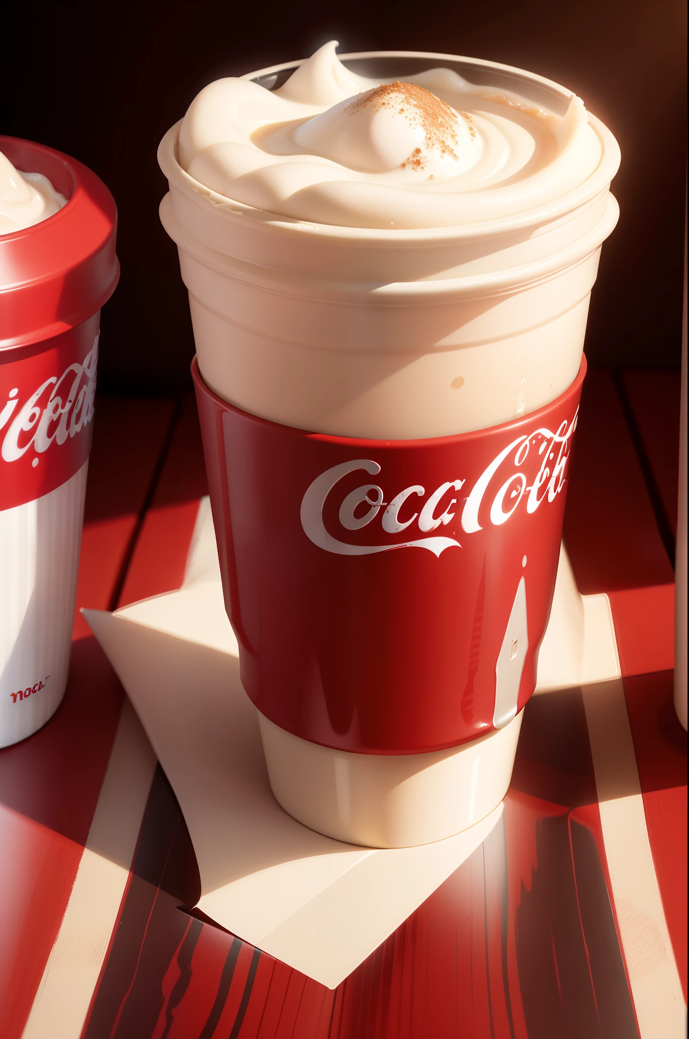 Coca-Cola milk tea in classic packaging，Coca-Cola unites milk tea brands，Milk caps，Coca-Cola milk tea cup，paper cup，Coca-Cola Red Classic Packaging，product showcase，closeup cleavage，simple backgound，Best quality at best，8K，high quality rendering