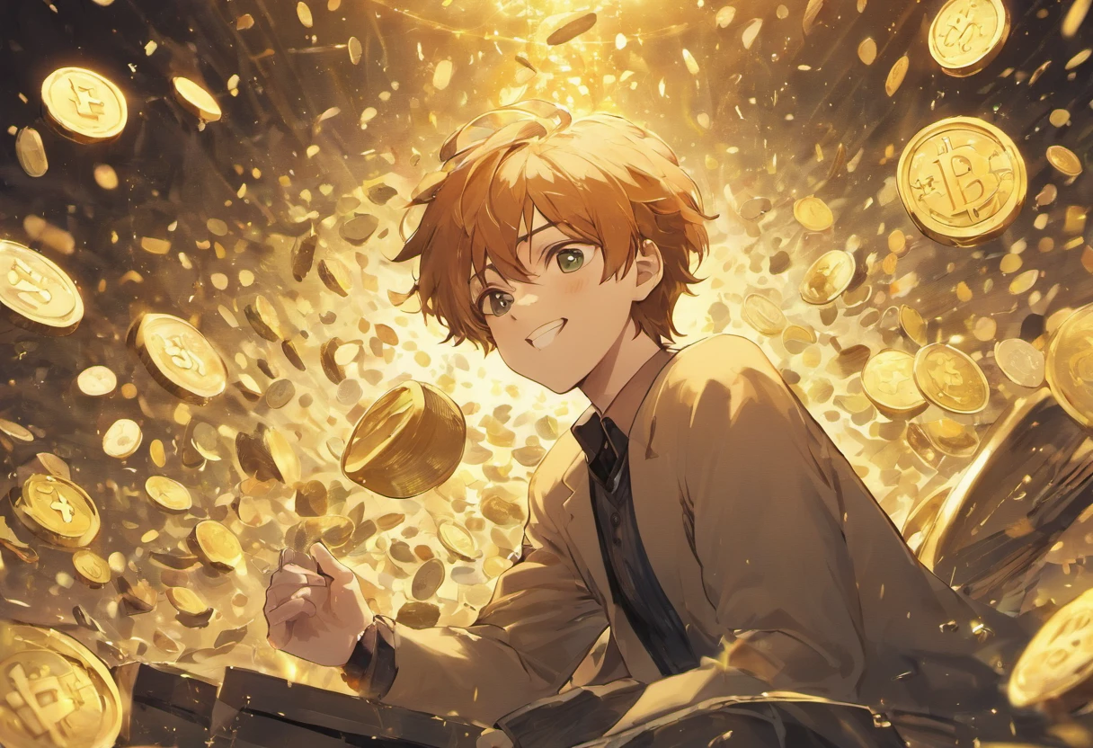 A Man,Smiling,Relaxing,goodlooking,Middle Age,Sitting in front of the PC,A lot of coins and banknotes are falling like rain behind him,Holding the cup in your hand,Lots of wad、Bright image、Clear facial expressions