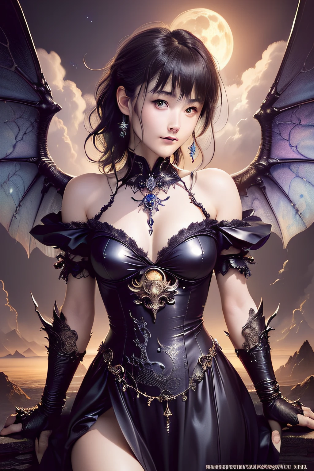 ((best quality)), ((masterpiece)), (detailed), alluring succubus, ethereal beauty, perched on a cloud, (fantasy illustration:1.3), enchanting gaze, captivating pose, delicate wings, otherworldly charm, mystical sky, (Luis Royo:1.2), (Yoshitaka Amano:1.1), moonlit night, soft colors, (detailed cloudscape:1.3), (high-resolution:1.2)