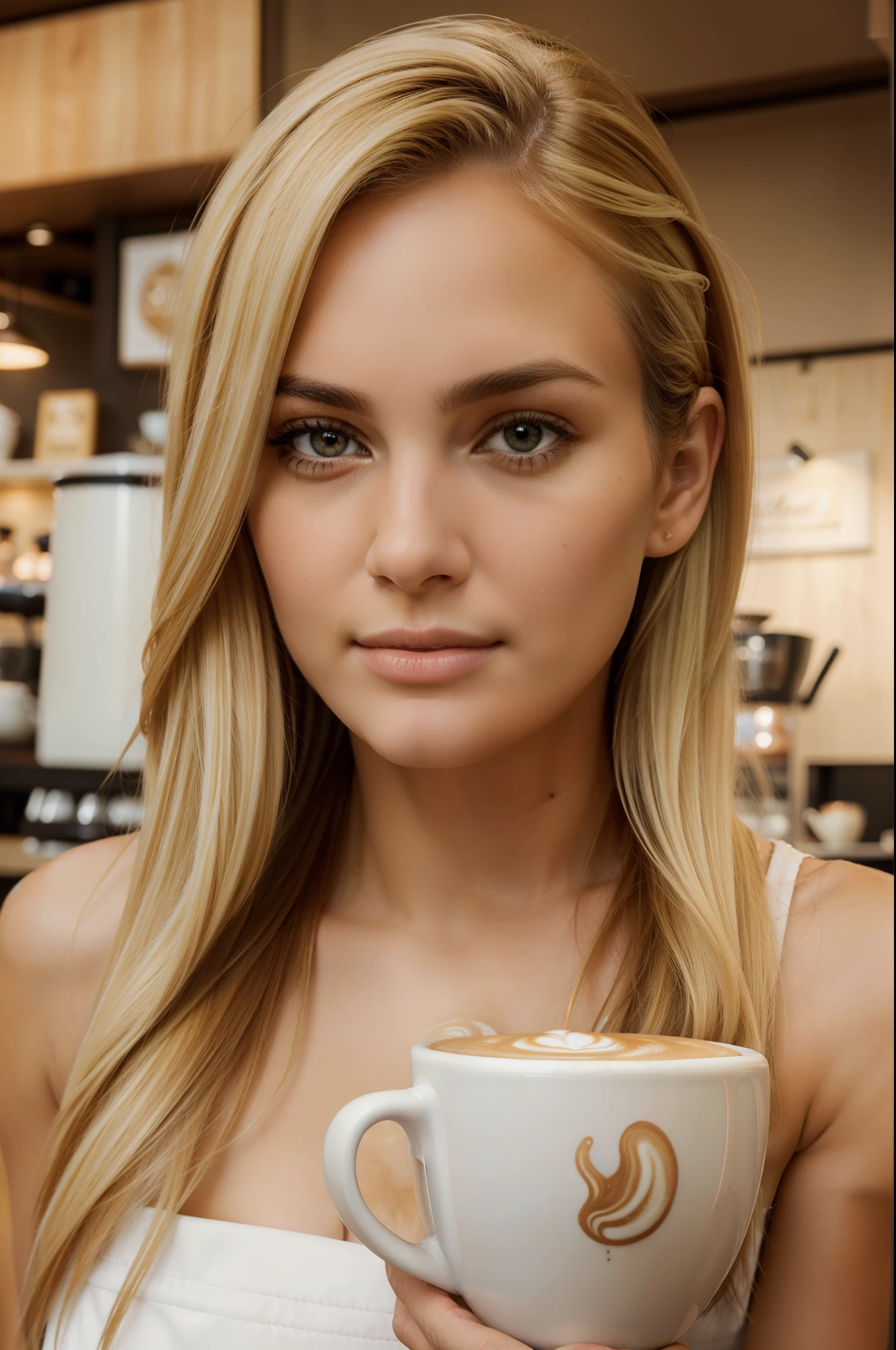 Hyper realistic photograph, Barista, beautiful face, blonde, latte coffee, white cup, high quality, detailed, ultrahd, 64k, masterpiece,