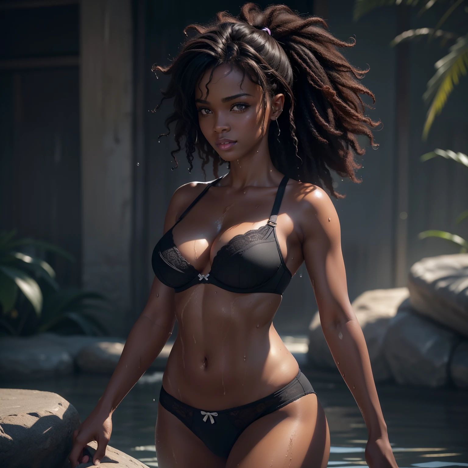((dark skin, ebony)), ((excited cute face)), ((cute pose)), ((seductive )), sexy, ((medium breast)), ((bra)), ((long curly afro pony tail hair,)), ((wet skin)), ((standing)), ((sweating)),, sharp focus cgi, photorealistic, high detail, realistic, masterpiece, absurdres, best quality, HDR, high quality, high-definition, extremely detailed, 8k wallpaper, intricate details, 8K uhd, Full-HD, (realistic photo:1.2), contrast, harsh lighting, cinematic lighting, natural lighting, hard light, backlighting, global illumination, ambient occlusion