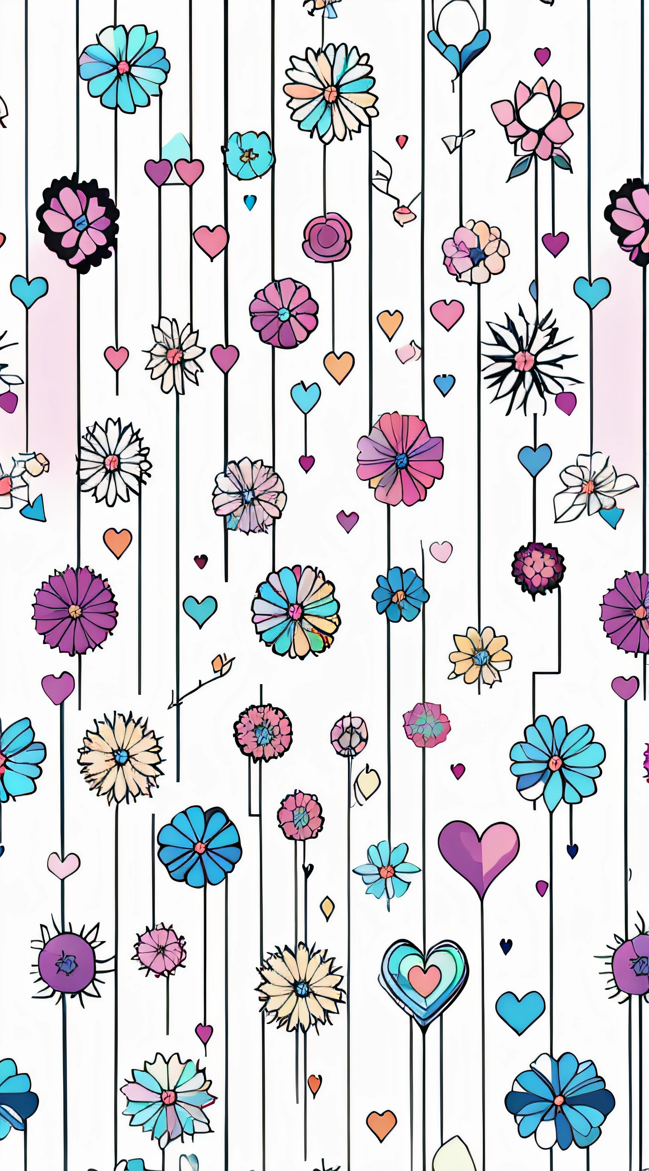 Close up of heart and flower pattern on white background, seamless pattern, pop pattern, colorful, abstract pattern, adorable pattern, wallpaper