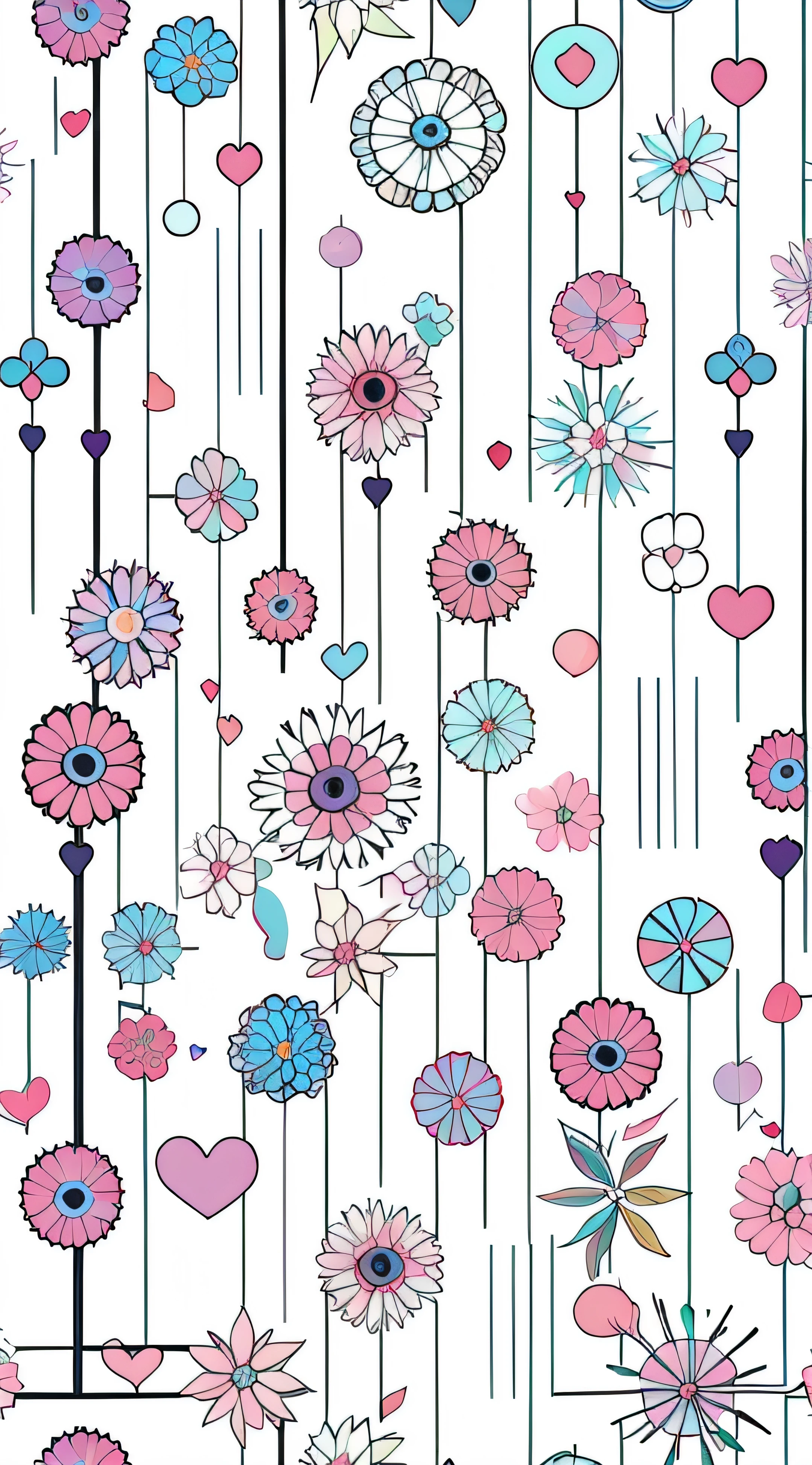 Close up of heart and flower pattern on white background, seamless pattern, pop pattern, colorful, abstract pattern, adorable pattern, wallpaper