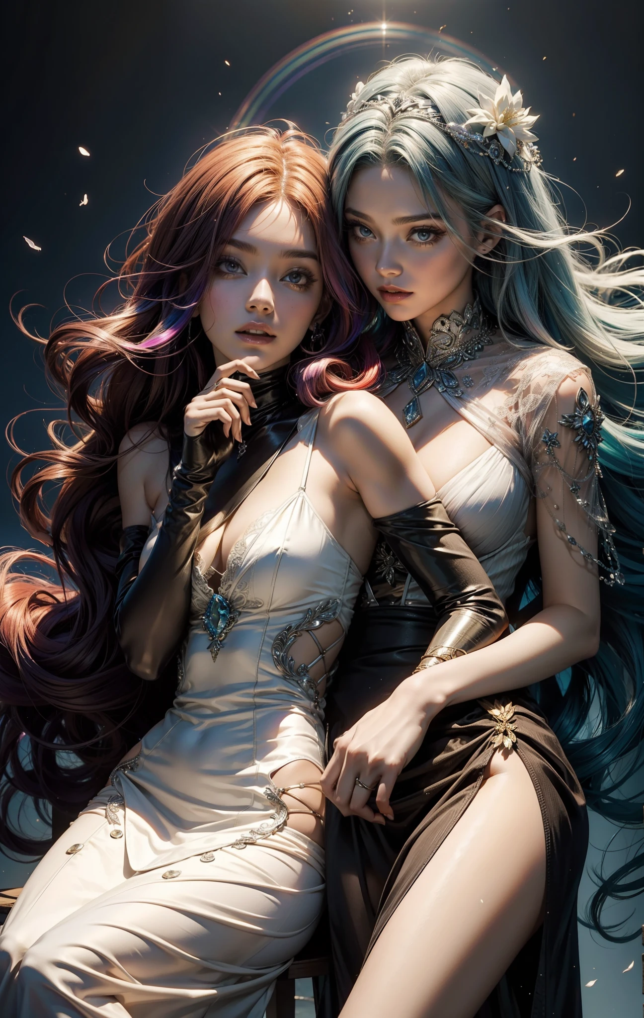 Two women with transparent dress and rainbow hair, ((cabelo curto))