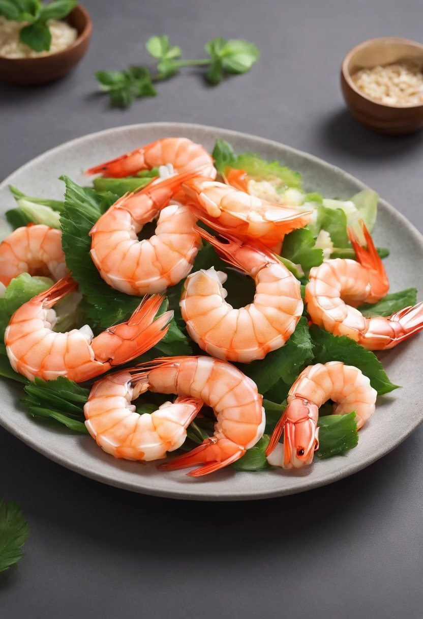 Delicious stir-fried shrimp，cinematic ligh，professional photoshooting，studio lit，studio context，advertisement photography，Complicated details，hyper-detailing，Ultra photo realsisim，8K UHD