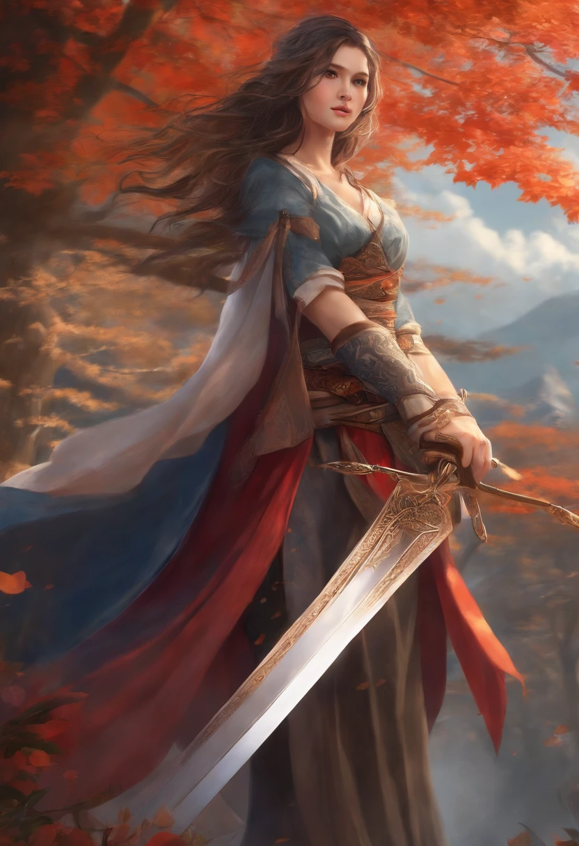 Japanese anime style. woman. Middle Ages. Europe. fantasy. Skirt. sword. are standing. Whole body. From below.