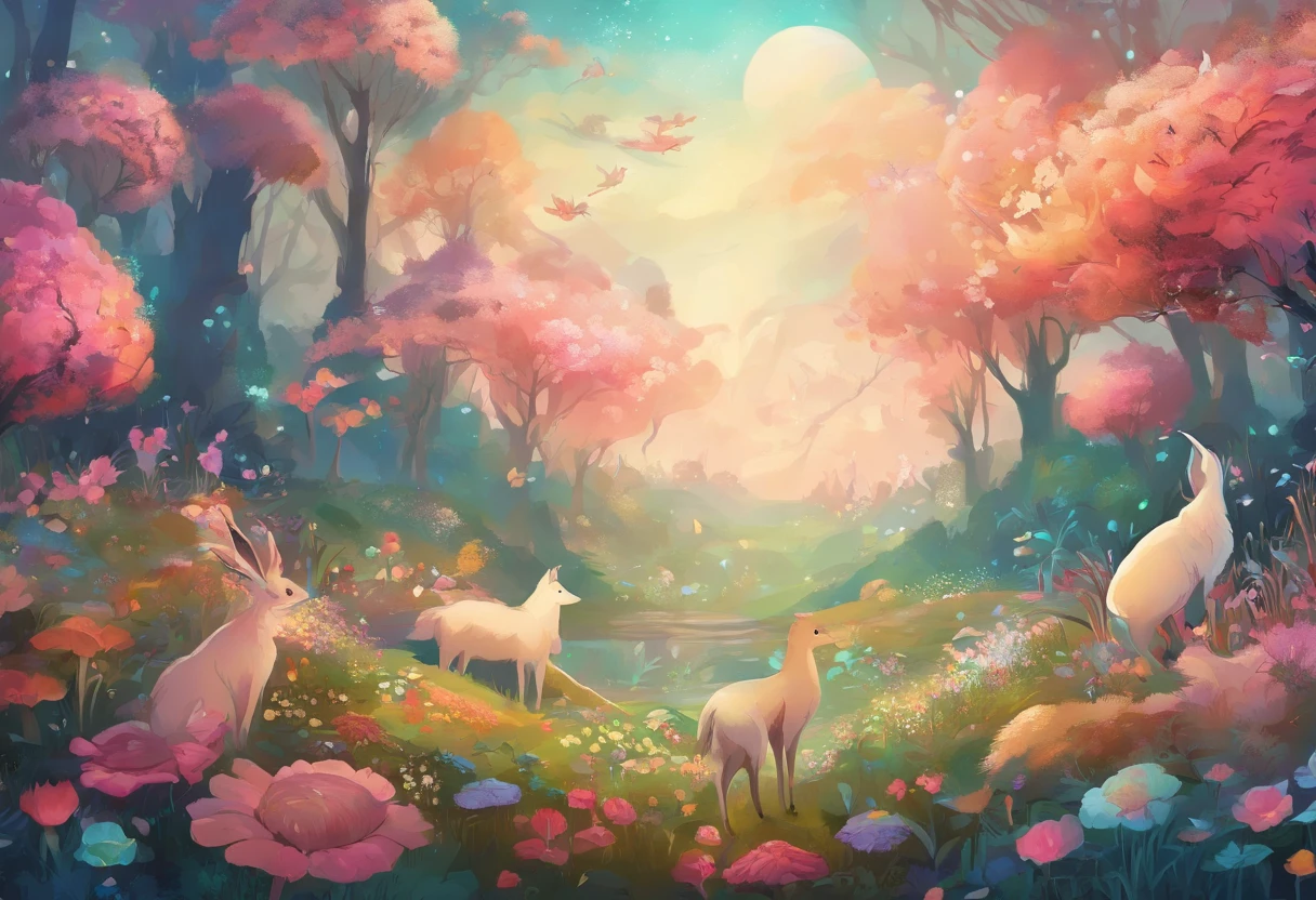 There are pictures of various animals in the flower field, line art illustration, ln the forest,edgBunny, Hand drawn illustrations, pattern designs, Fantasy Forest