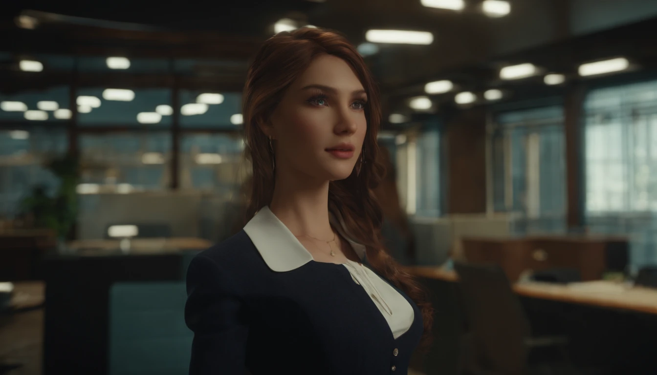 High quality, Perfect lighting, office room,Detailed face, Detailed body, 1 girl, Solo, The girl in the short skirt stands , Also, ((Also))