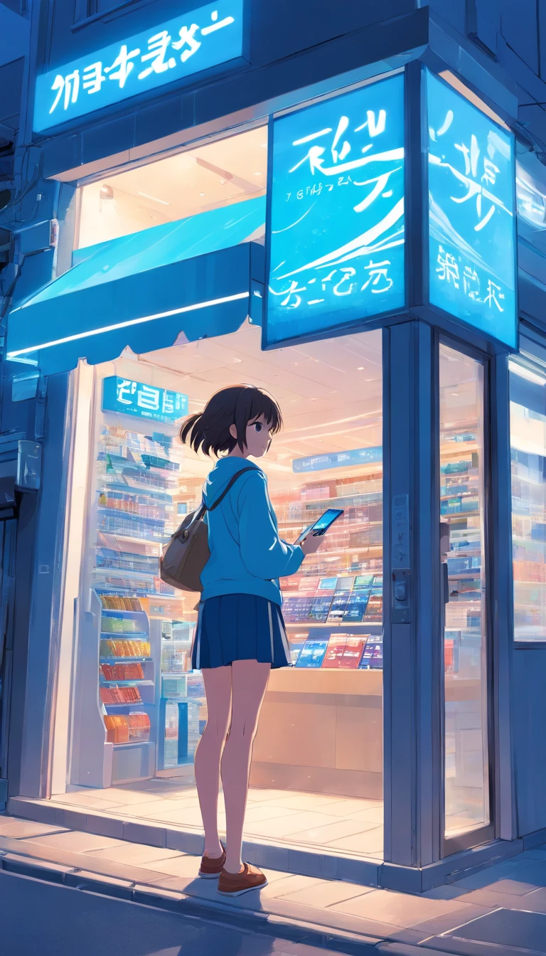 outside phone store, big, blue