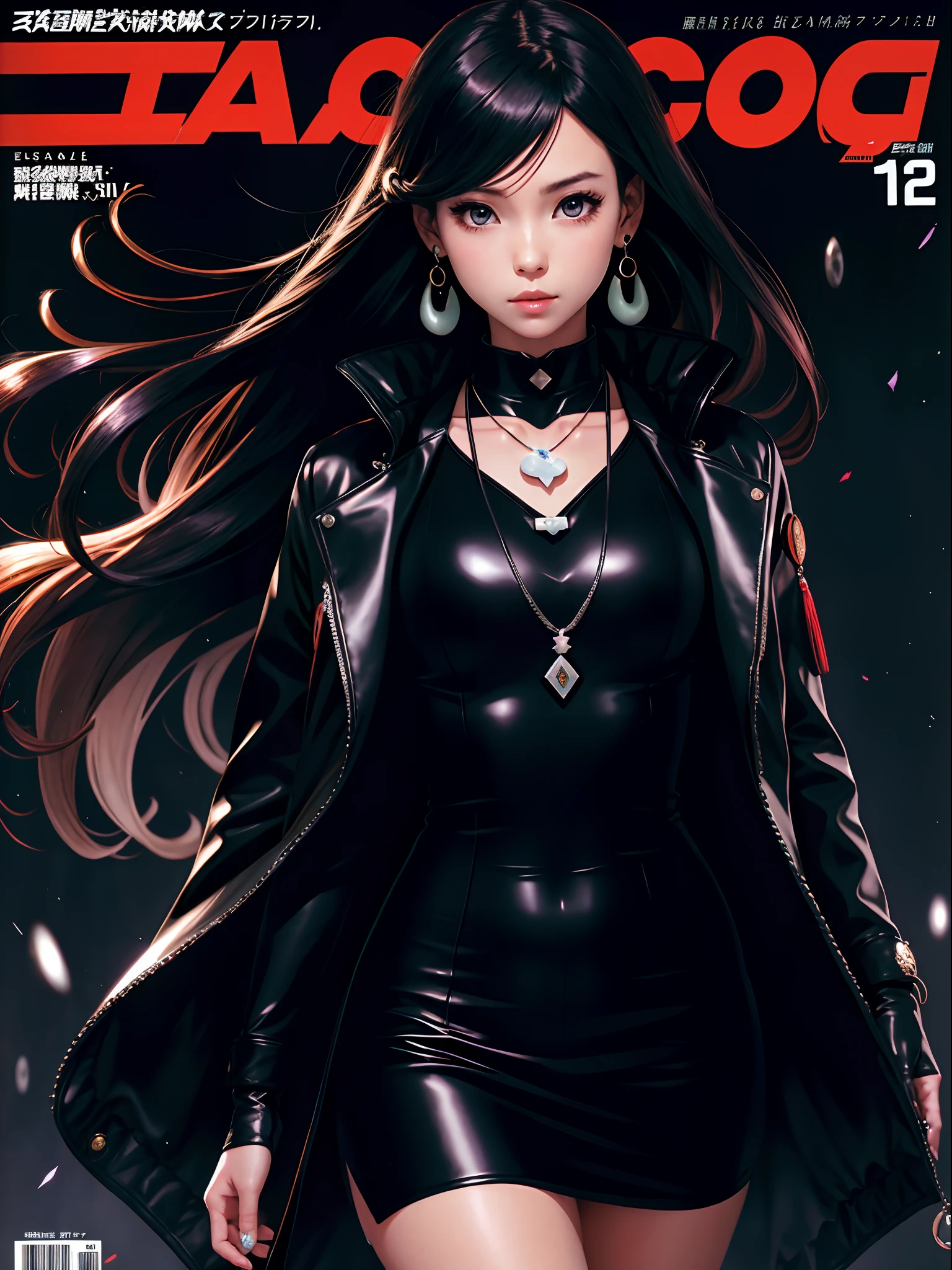 magazine scan,(magazine cover:1.2), cover text, text,( magatama necklace:1.1), wlop, 1girl, black gloves, black open jacket, character request, commentary, earrings, double v, jewelry, long hair, looking down, perfect flowing hair, solo
