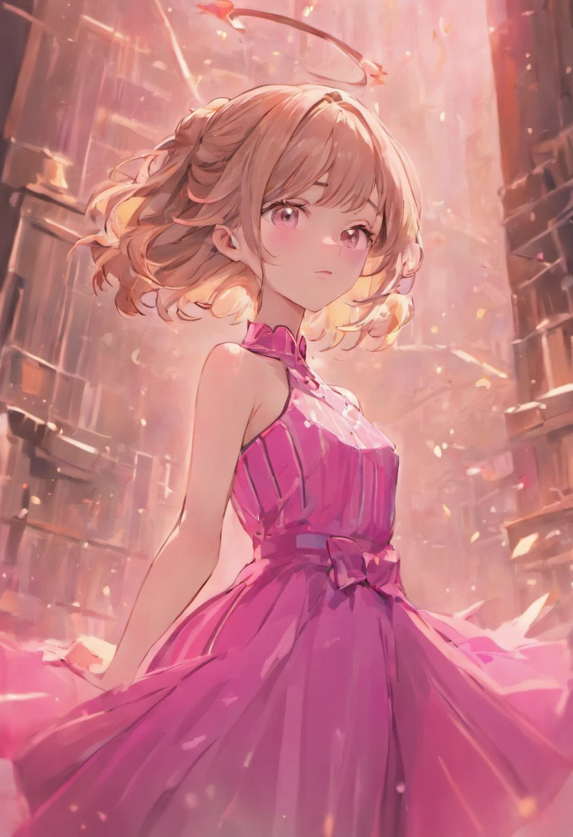 a closeup of a Caucasian woman in a pink striped dress posing for a photo, woman has very pretty eyes, wavy brown hair, she is wearing earrings, digital art from a digital painting, elegant and elegant, strapless dress, Art in the style of Guweiz, Loli de dressed, wearing an elegant dress, shy and demure, soft digital painting, in Bowater art style, detailed dress and face, Artgerm. high detail ,anime
