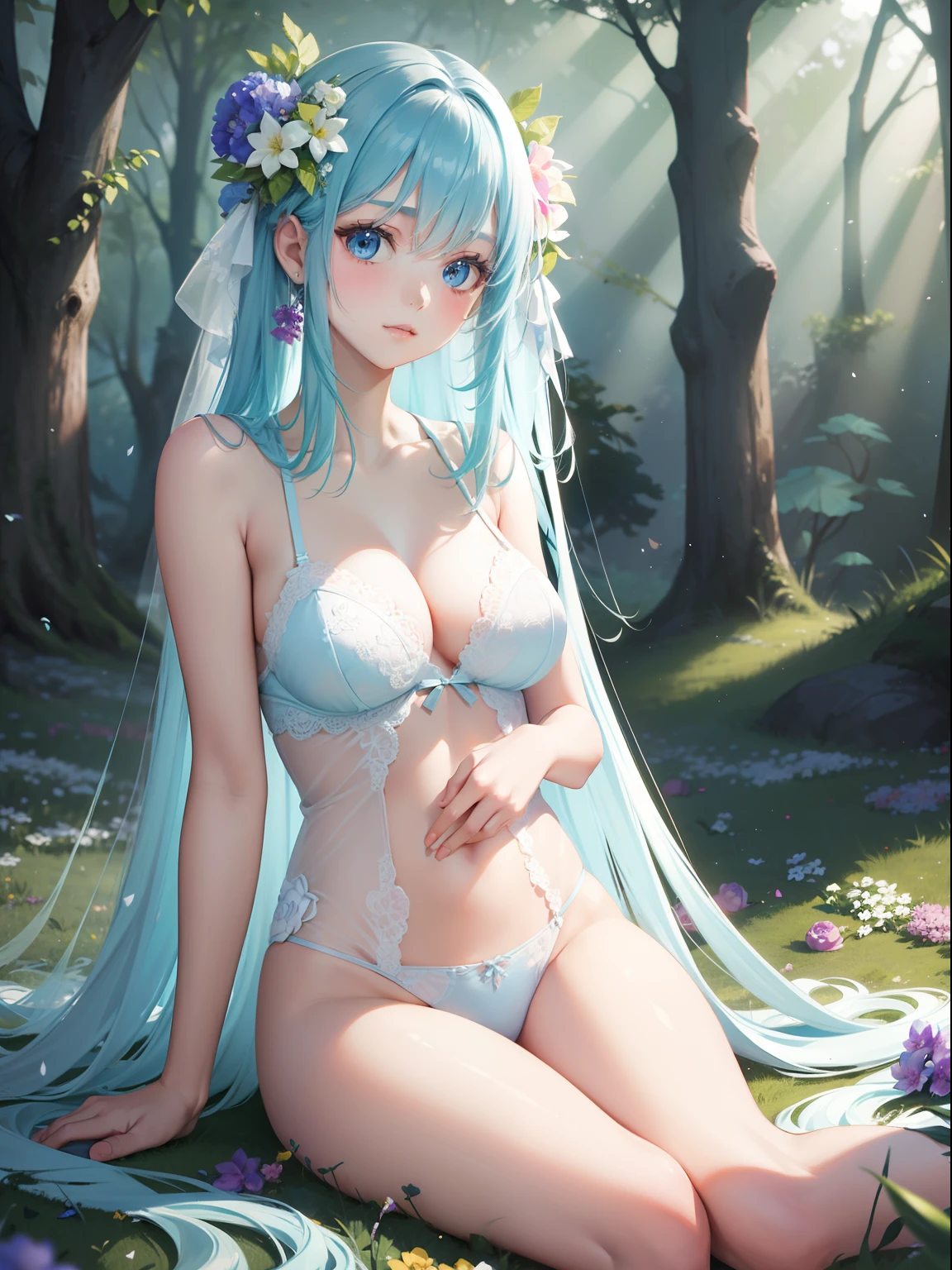 Vivid colors, Fantastic atmosphere, Delicate flowers, Gentle sunshine, Dazzling beautiful girl,Long light blue hair, Gentle expression, Fantastic beauty, Thin white lingerie, Elegant Pose, In the forest full of flowers, Quiet atmosphere, artistic composition