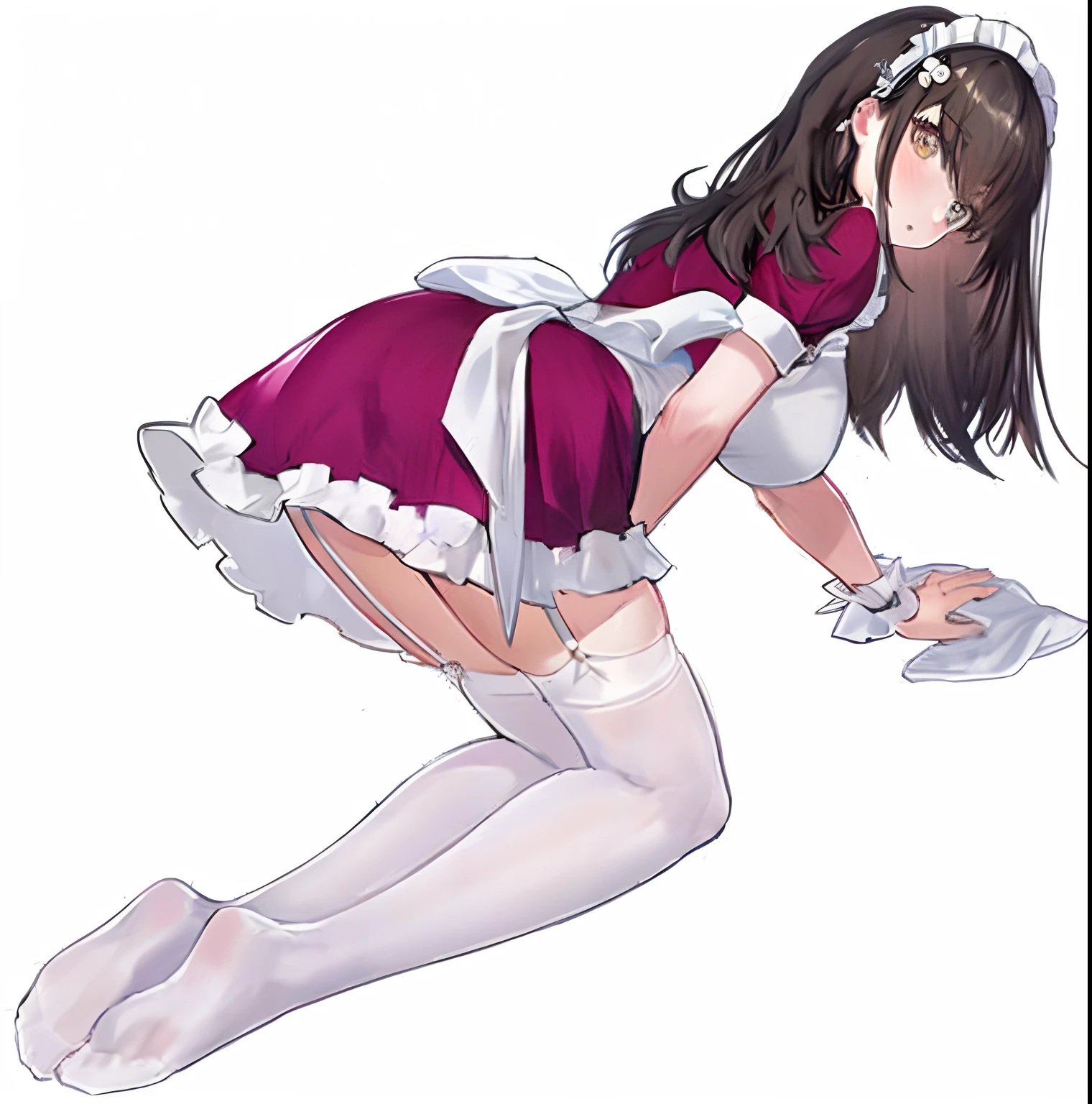 Anime character of a maid in a purple dress and white stockings, anime girl in a maid costume, gorgeous maid, Maid outfit, in dress, Maid dress, anime cat girl in a maid costume, maid, Beautiful anime girl lying on her stomach, offcial art, anime full body illustration, Smooth anime CG art, seductive anime girls, Kushatt Krenz Key Art Women