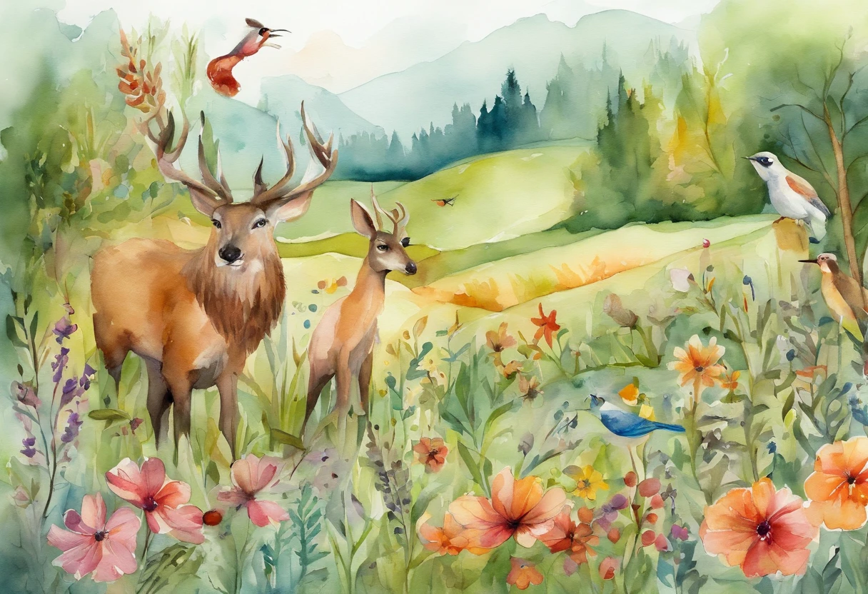 There are photos of various animals in a flower field, line art illustration, ln the forest, Hand drawn illustrations, pattern designs, Fantasy Forest