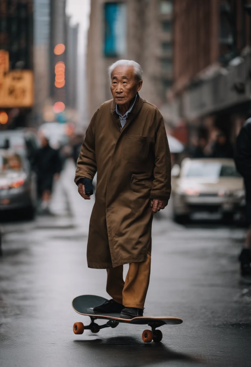 An 80-year-old Chinese man,Skateboard on the streets,Wearing clothes from the 1980s,The streets of New York,Buildings,45 degree viewing angle,The background is blurred out