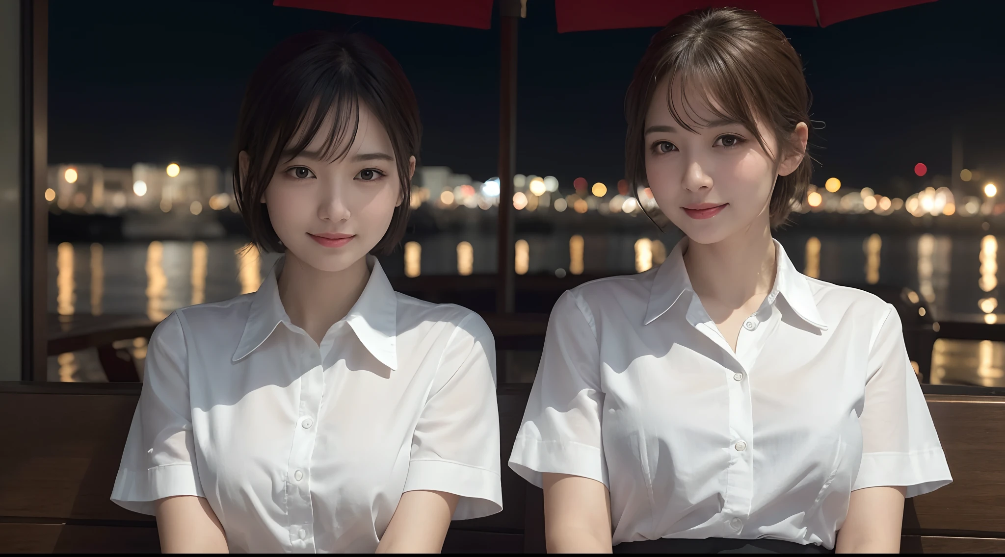 (8k, best quality, masterpiece:1.2), (realistic, photo-realistic:1.37), ultra-detailed, 1 girl, cute, solo, beautiful detailed sky, detailed cafe, night, sitting, dating, (nose blush), (smile:1.15), (closed mouth) small breasts, beautiful detailed eyes, (collared shirt:1.1), night, wet, business attire, rain, white lace, (short hair:1.2), floating hair NovaFrogStyle, topless,