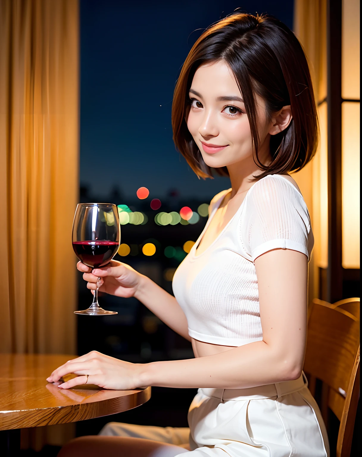 (64K, UHD, top quality, masterpiece: 1.2), (realistic, photorealistic: 1.37), super detailed, pretty woman 1 person, (slim face), (slim body), (brown hair), (short cut), cheeks slightly blushing, (44 years old), 38 years old, solo, beautiful detailed urban night view outside the window, restaurant, wine glasses sit, at night, in a prominent placeNovaFrogStyle, Actress, Model, Waist Up, White Wine, Slim, Wine Glass, Super Clean Night View, Wine Glass Put in the Middle, Happy Smile, (Smile: 1.15), Beautiful Fine Eyes, Upper Body, Bust Japan Up, Night, Short, Short, Actress, Model, Waist Up, White Wine, Slim, Wine Glass, Super Clean Night View, Wine Glass Put in the Middle, Happy Smile,