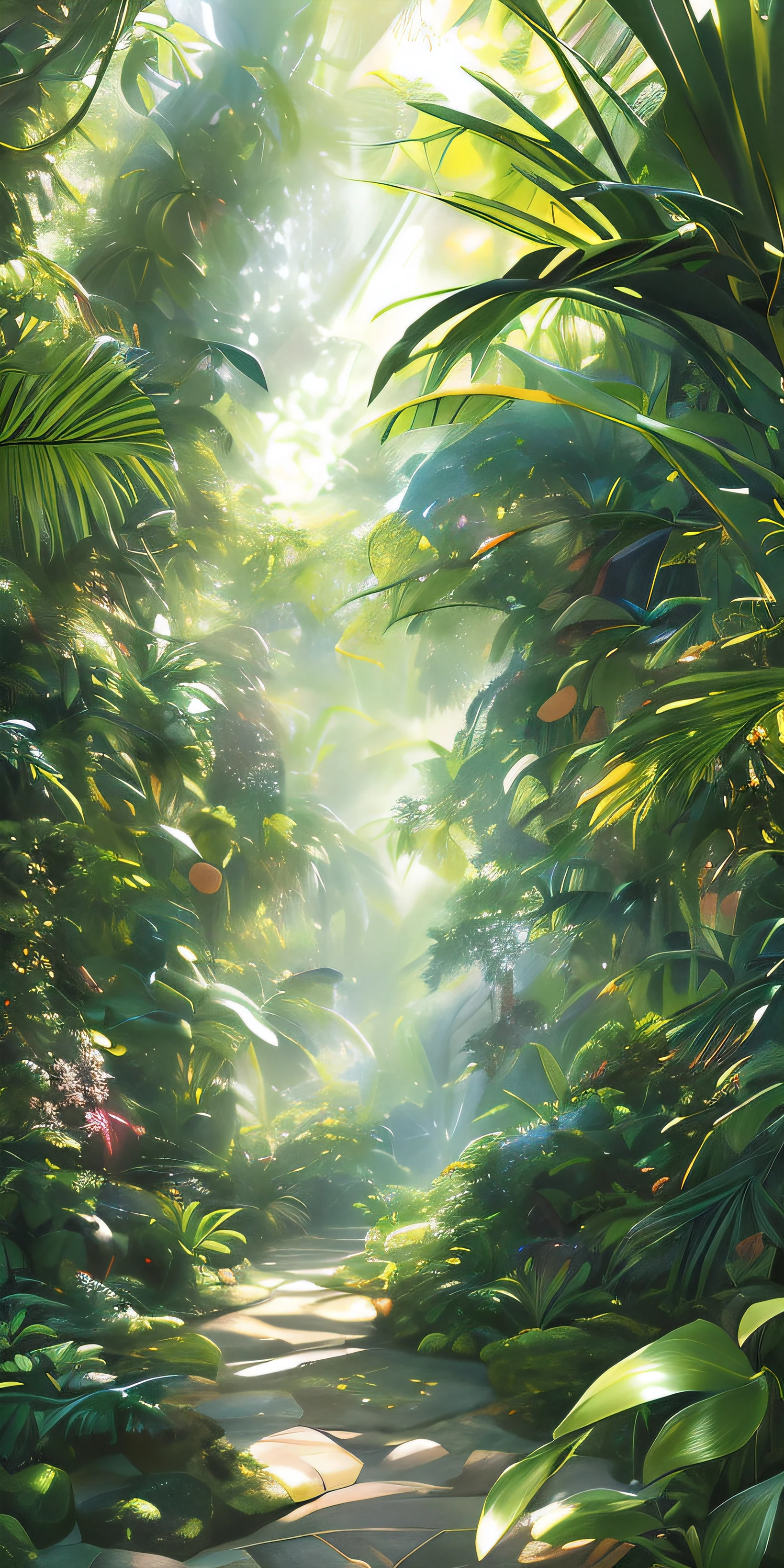 There is a path in the middle of the jungle,There are many plants, fantasy jungle, the background is lush jungle, beautiful jungle, jungle as the background, background jungle, From the depths of the jungle of another world, tropical jungle, jungle backdrop, lush jungle, in a highly detailed jungle, tropical forest, Dense jungle, magical jungle, jungle setting, jungle landscape