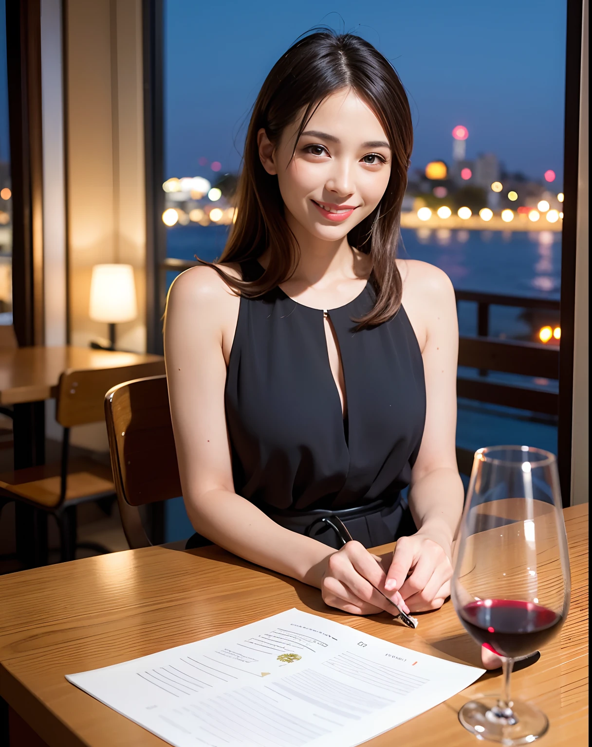 (64K, UHD, top quality, masterpiece: 1.2), (realistic, photorealistic: 1.37), super detailed, pretty woman 1 person, (slim face), (slim body), (brown hair), (short cut), cheeks slightly blushing, (44 years old), 38 years old, solo, beautiful detailed urban night view outside the window, restaurant, wine glasses sit, at night, in a prominent placeNovaFrogStyle, Actress, Model, Waist Up, White Wine, Slim, Wine Glass, Super Clean Night View, Wine Glass Put in the Middle, Happy Smile, (Smile: 1.15), Beautiful Fine Eyes, Upper Body, Bust Japan Up, Night, Short, Short, Actress, Model, Waist Up, White Wine, Slim, Wine Glass, Super Clean Night View, Wine Glass Put in the Middle, Happy Smile,