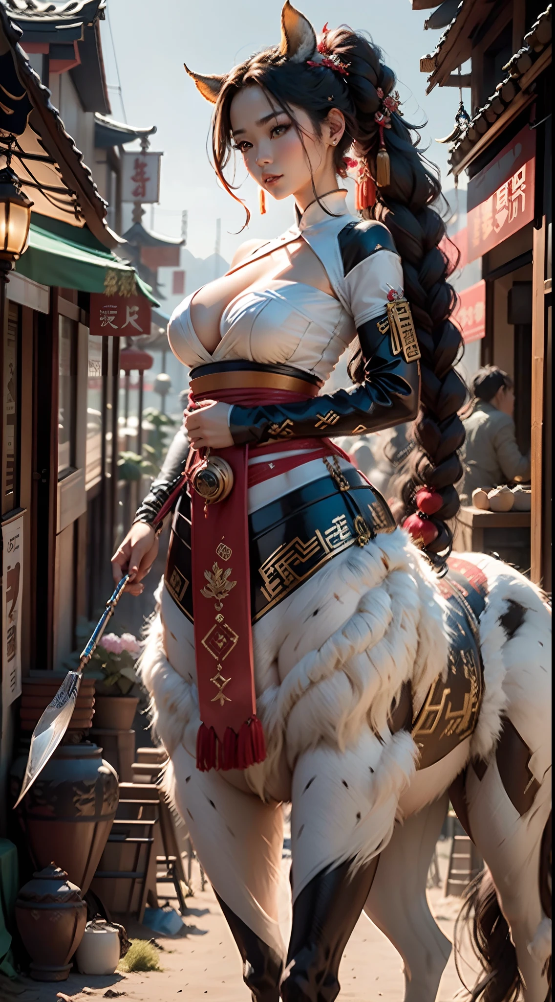 In a very grand scene,The extra-large wide-angle lens captures the appearance of a female centaur。She is tall,It has the ultimate curvy beauty,The muscles are slender and firm,Beautiful lines。Her facial features are tough and coquettish,(The top of the head grows huge white antlers9.9),Always with a sunny smile。She wears special equipment sponsored by Moutai Group,(It has the extra large Chinese character "Moutai" on it:9.9),Step on multifunctional off-road style heels。The detection equipment around you flashes various cue lights and neon-like information screens,All have Moutai's unique red and white design and Luckin's unique blue background white deer design,Let her exude a charming brilliance。Use Midjourney's premium brushes、Color Palette、Model package、Texture tools、Tools such as texture packs,(Costumes for female centaurs with the Chinese characters "Moutai" and the sponsorship logo unique to "Luckin" are designed:9.9),Highlight her unique physiological characteristics and appearance details,Add realism。And in her adventure scene,Spectacular views of nature,Such as the sky where storms and sunny days alternate、Brilliant rivers of stars and auroras、The snow-capped summit of Mount Everest、Fireworks in the mountain town, etc。ao mesmo tempo,Away from the hustle and bustle of Long Beach Pier is a neon-lit spaceship docked,Create a fantastic scene。Use Midjourney's advanced tools and multiple color palettes、Brush Strokes、Texture tools and model packages,It shows a sense of atmosphere where beauty and charm coexist。The charm of the female centaur is highlighted through color and lines,Enhance realism with detailing,Create a surreal dreamy feeling。Additionally,Use Midjourney's tools to add various drink utensils and to the female centaur(With "Moutai"、A cultural ornament with a logo with the "luckin" pattern:9.9),Create intricate hairstyles and outfits,Give her a sense of premium。She never flinches,Regardless of the terrain,can respond quickly,Even the extreme geography