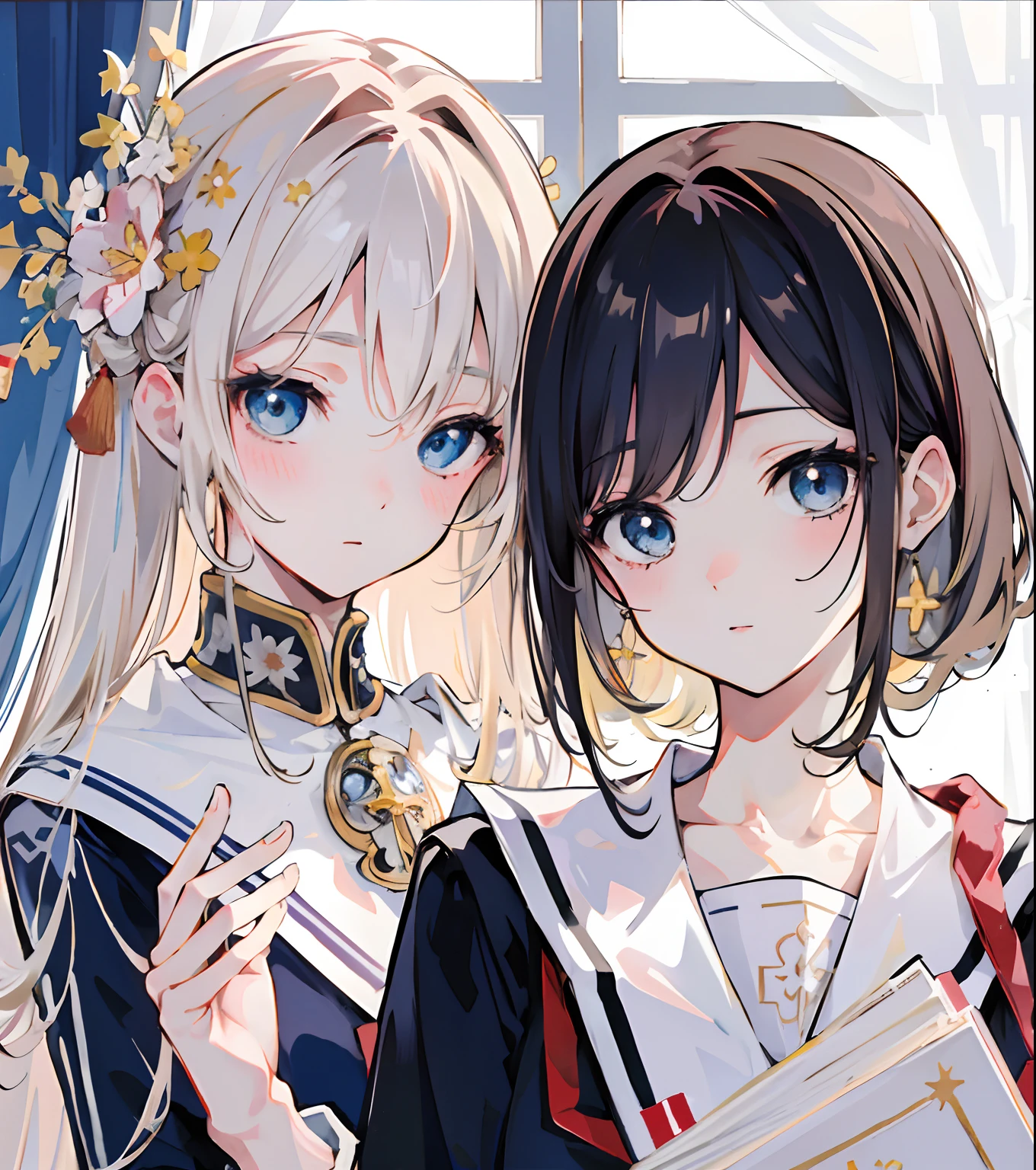 (masuter piece,Best Quality,Ultra-detailed), (A detailed face), Movie Posters, hight resolution, 2girls, ((Detailed shoujo manga style:1.4)), Beautiful fece, absurderes, student clothes, ((lilie, eyecontact)), School window twilight lighting, The upper part of the body, flat-chest, (Beautiful Detail Eye: 1.1), (Detailed hand), (Detail light: 1.1), Film Light, Pale skin type, Beautiful color scheme anime characters standing next to each other in front of the window, two beautiful anime girls,